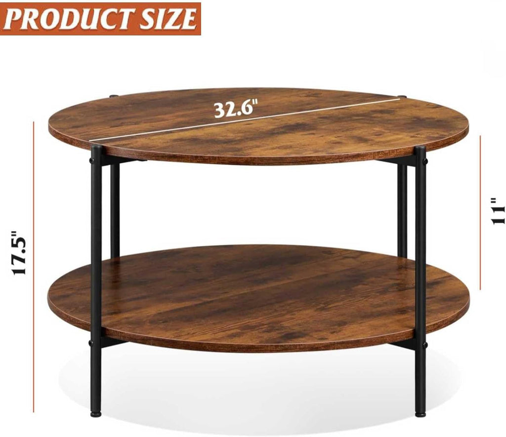 WLIVE Round Coffee Table, 32.6" Small Coffee Table with Open Storage Shelf, 2-Tier Industrial Circle Wood Center Table for Living Room, Rustic Brown - Grand Goldman