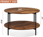 WLIVE Round Coffee Table, 32.6" Small Coffee Table with Open Storage Shelf, 2-Tier Industrial Circle Wood Center Table for Living Room, Rustic Brown - Grand Goldman