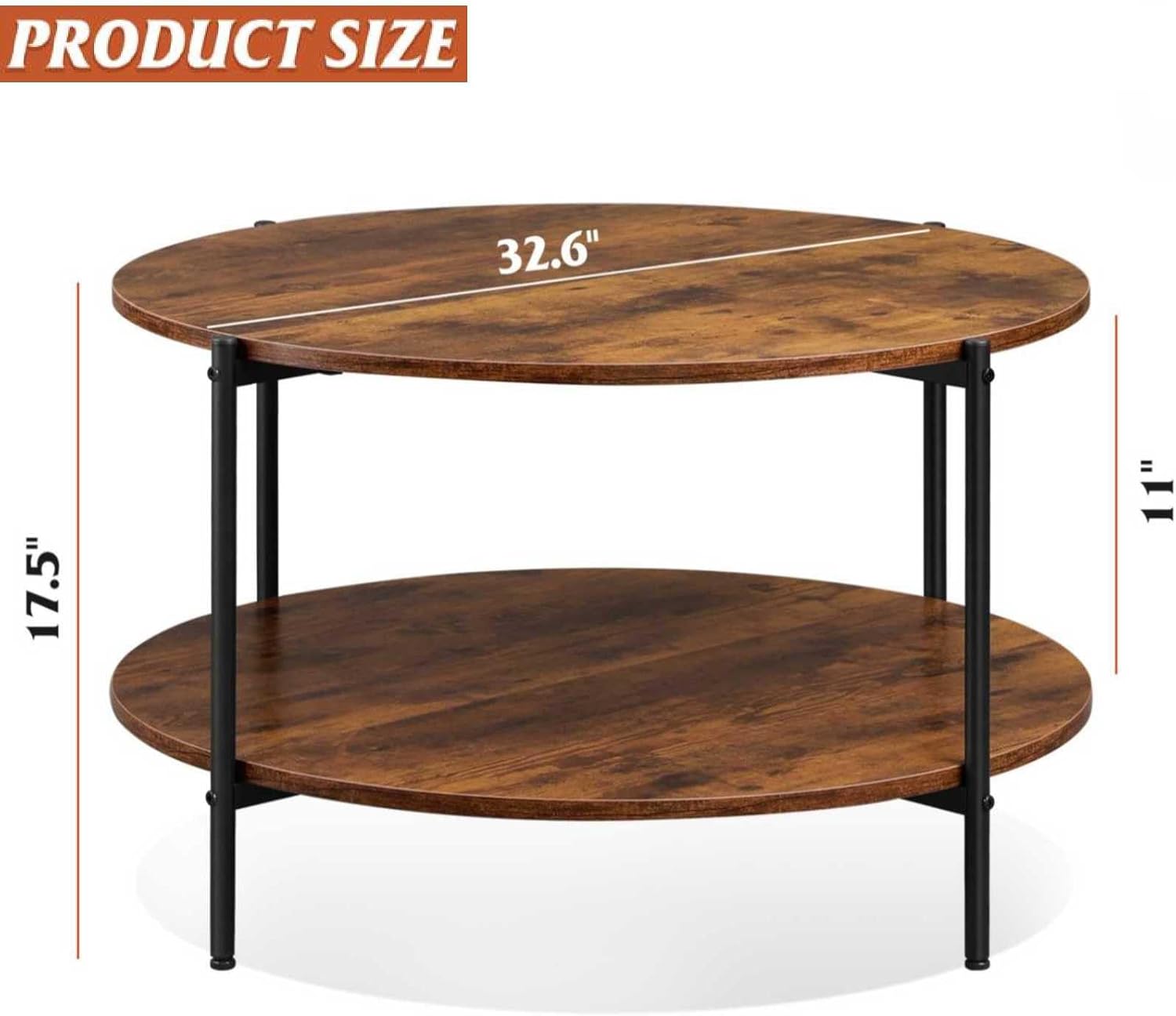 WLIVE Round Coffee Table, 32.6" Small Coffee Table with Open Storage Shelf, 2-Tier Industrial Circle Wood Center Table for Living Room, Rustic Brown - Grand Goldman