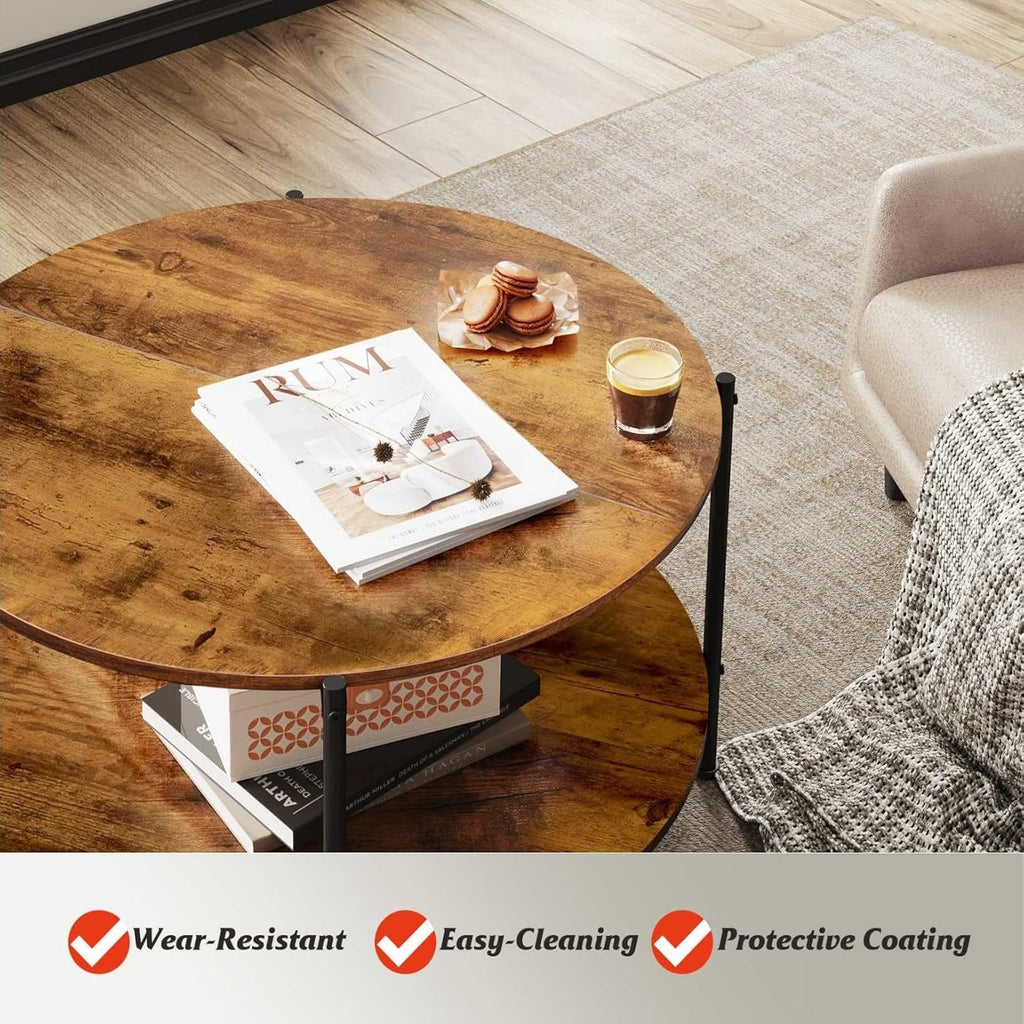 WLIVE Round Coffee Table, 32.6" Small Coffee Table with Open Storage Shelf, 2-Tier Industrial Circle Wood Center Table for Living Room, Rustic Brown - Grand Goldman