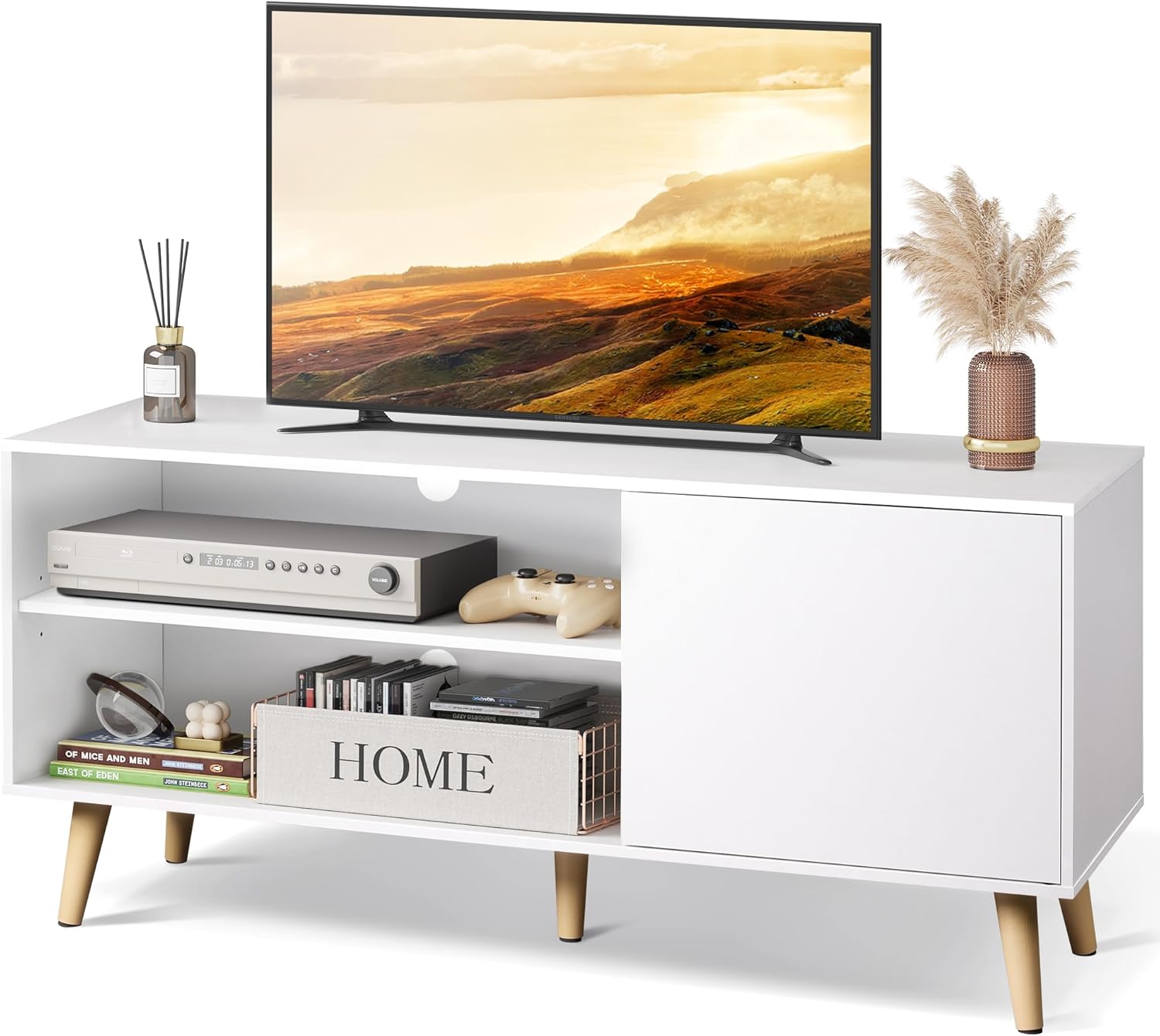 WLIVE TV Stand for 55 Inch TVs, Entertainment Center with Storage Cabinet, Mid-Century TV Stands for Living Room and Bedroom, 50" TV Console, White - Grand Goldman