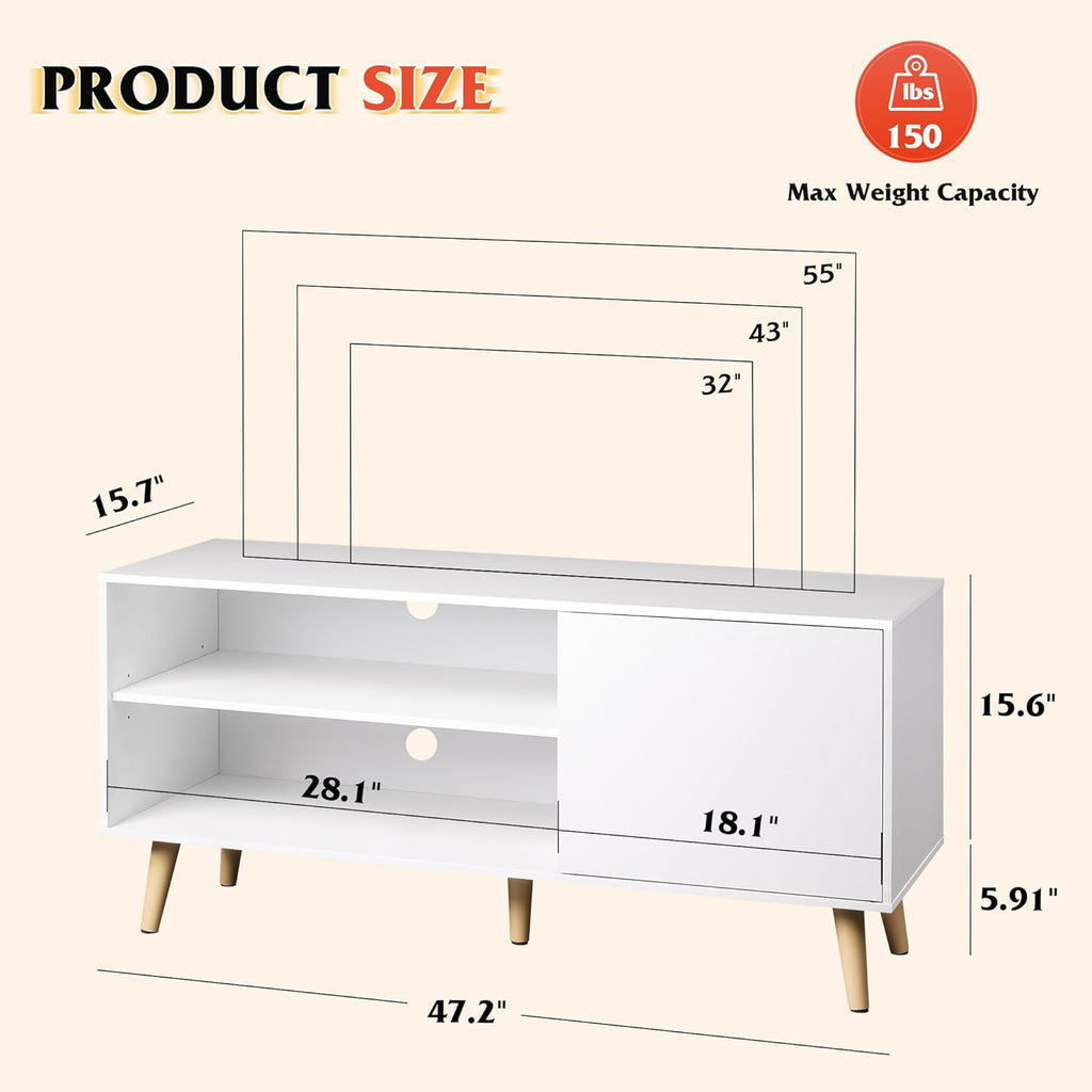WLIVE TV Stand for 55 Inch TVs, Entertainment Center with Storage Cabinet, Mid-Century TV Stands for Living Room and Bedroom, 50" TV Console, White - Grand Goldman
