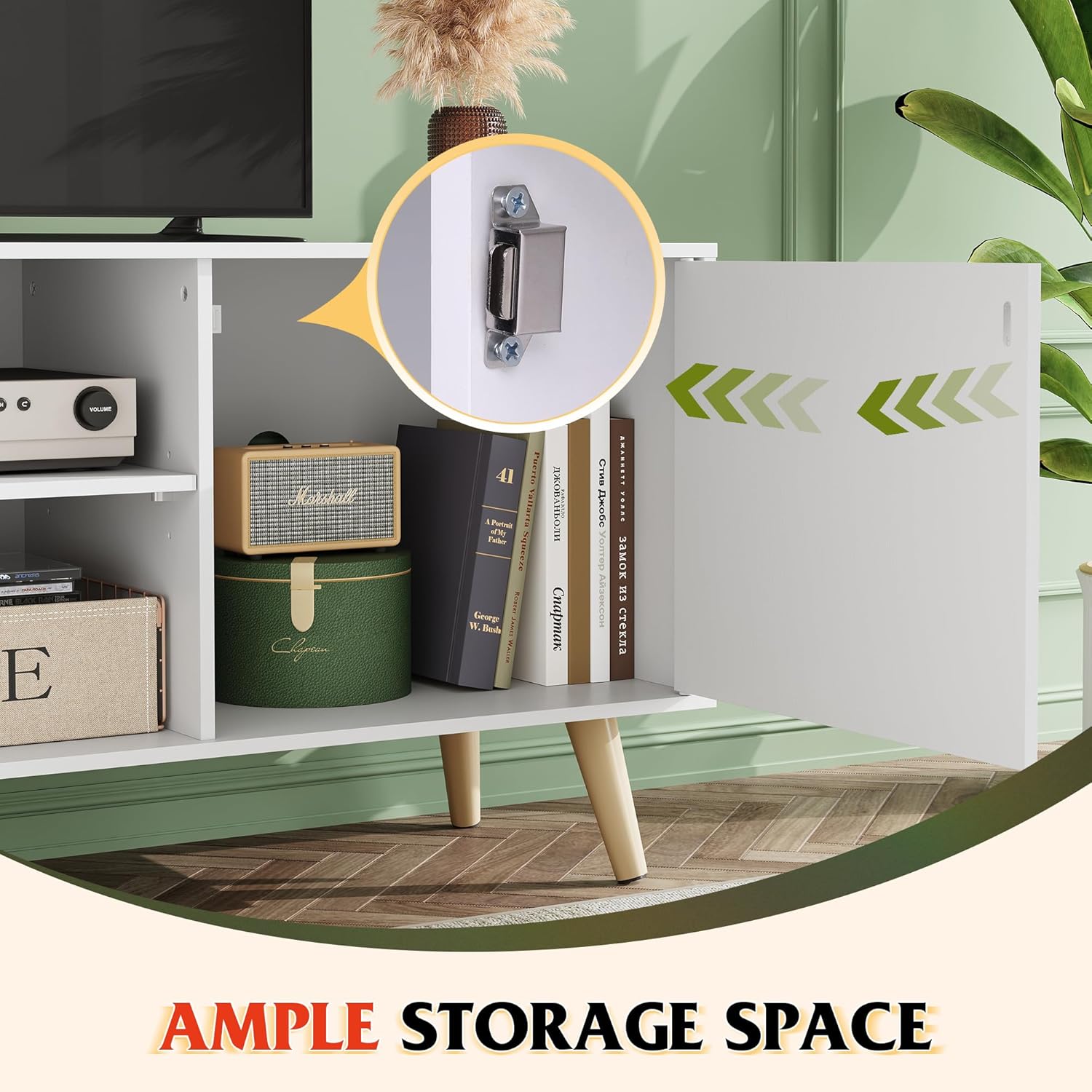 WLIVE TV Stand for 55 Inch TVs, Entertainment Center with Storage Cabinet, Mid-Century TV Stands for Living Room and Bedroom, 50" TV Console, White - Grand Goldman