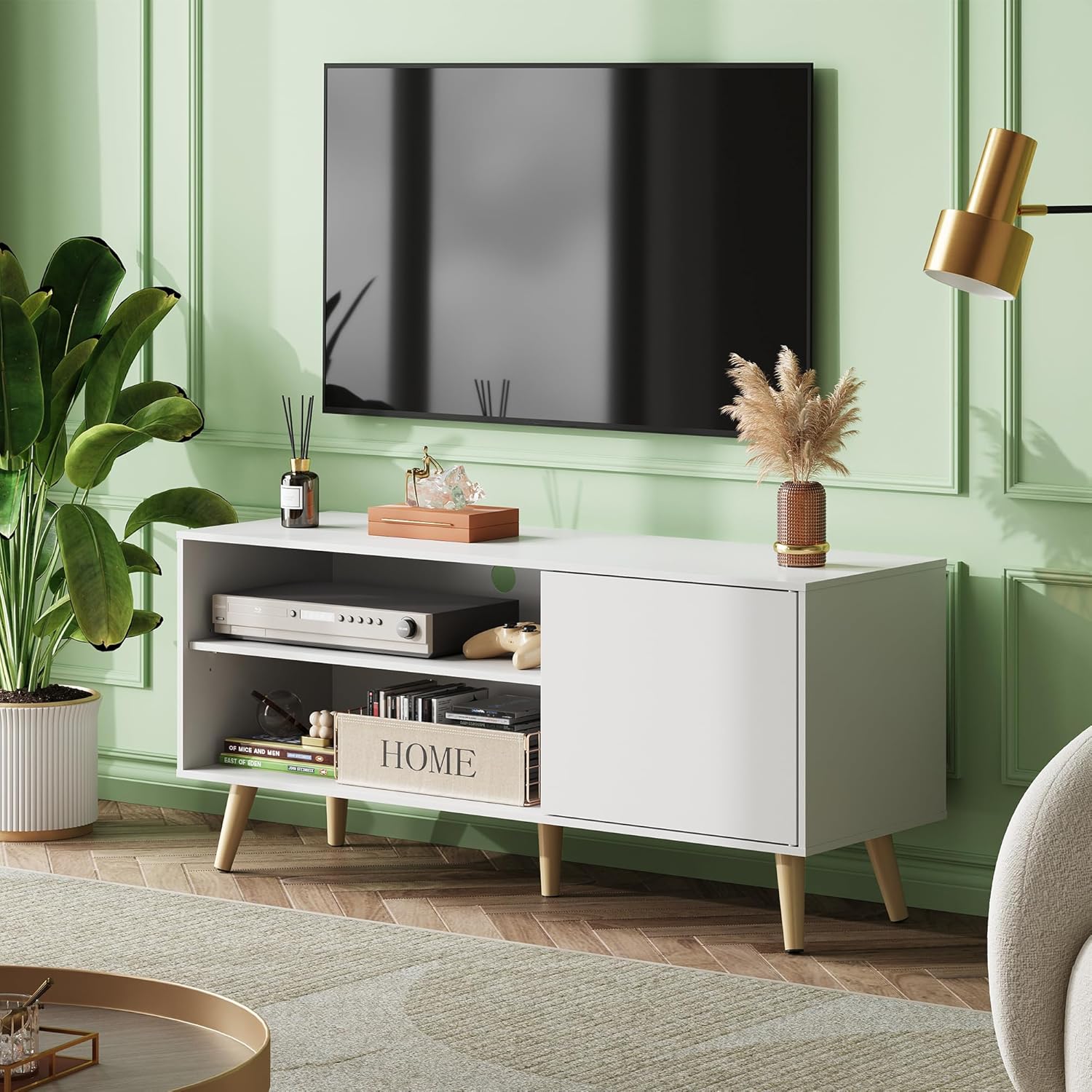 WLIVE TV Stand for 55 Inch TVs, Entertainment Center with Storage Cabinet, Mid-Century TV Stands for Living Room and Bedroom, 50" TV Console, White - Grand Goldman