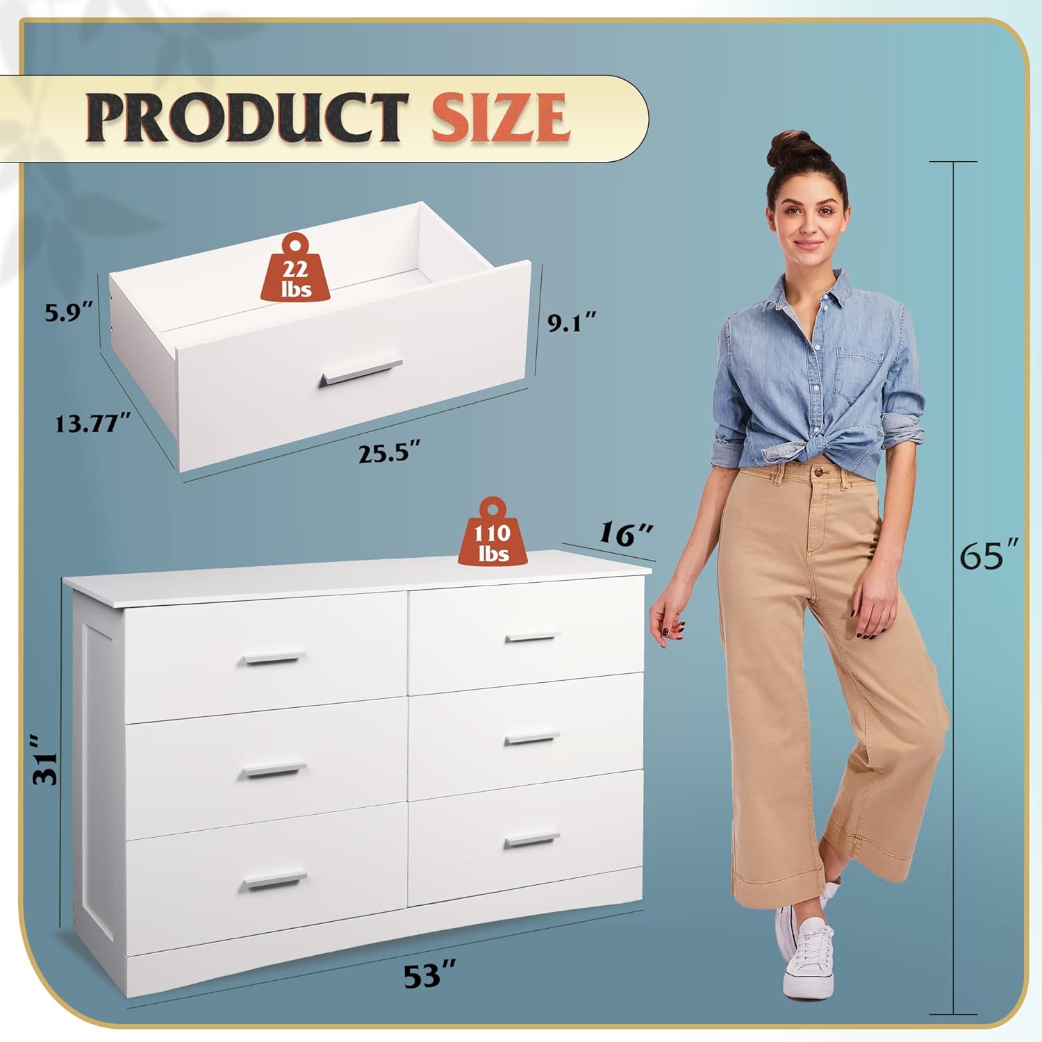 WLIVE Wood Dresser for Bedroom, Wide Chest of Drawers with 6 Drawers, Large White Storage Tower Unit, Modern Minimalist Closet Store Organizer for Living Room, Hallway - Grand Goldman