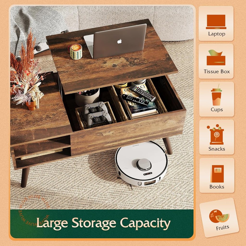 WLIVE Wood Lift Top Coffee Table with Hidden Compartment and Adjustable Storage Shelf, Lift Tabletop Dining Table for Home Living Room, Office, Rustic Oak - Grand Goldman