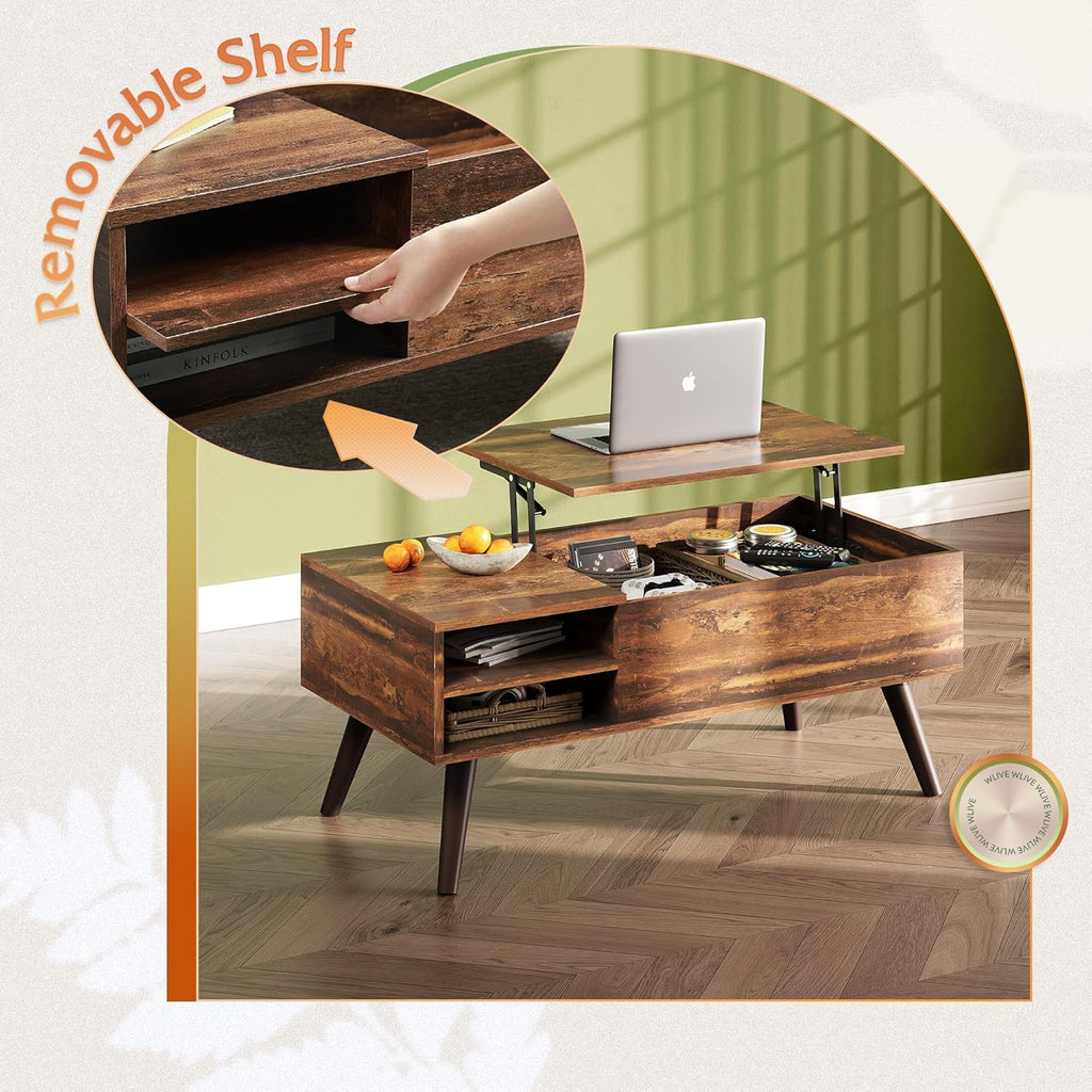 WLIVE Wood Lift Top Coffee Table with Hidden Compartment and Adjustable Storage Shelf, Lift Tabletop Dining Table for Home Living Room, Office, Rustic Oak - Grand Goldman