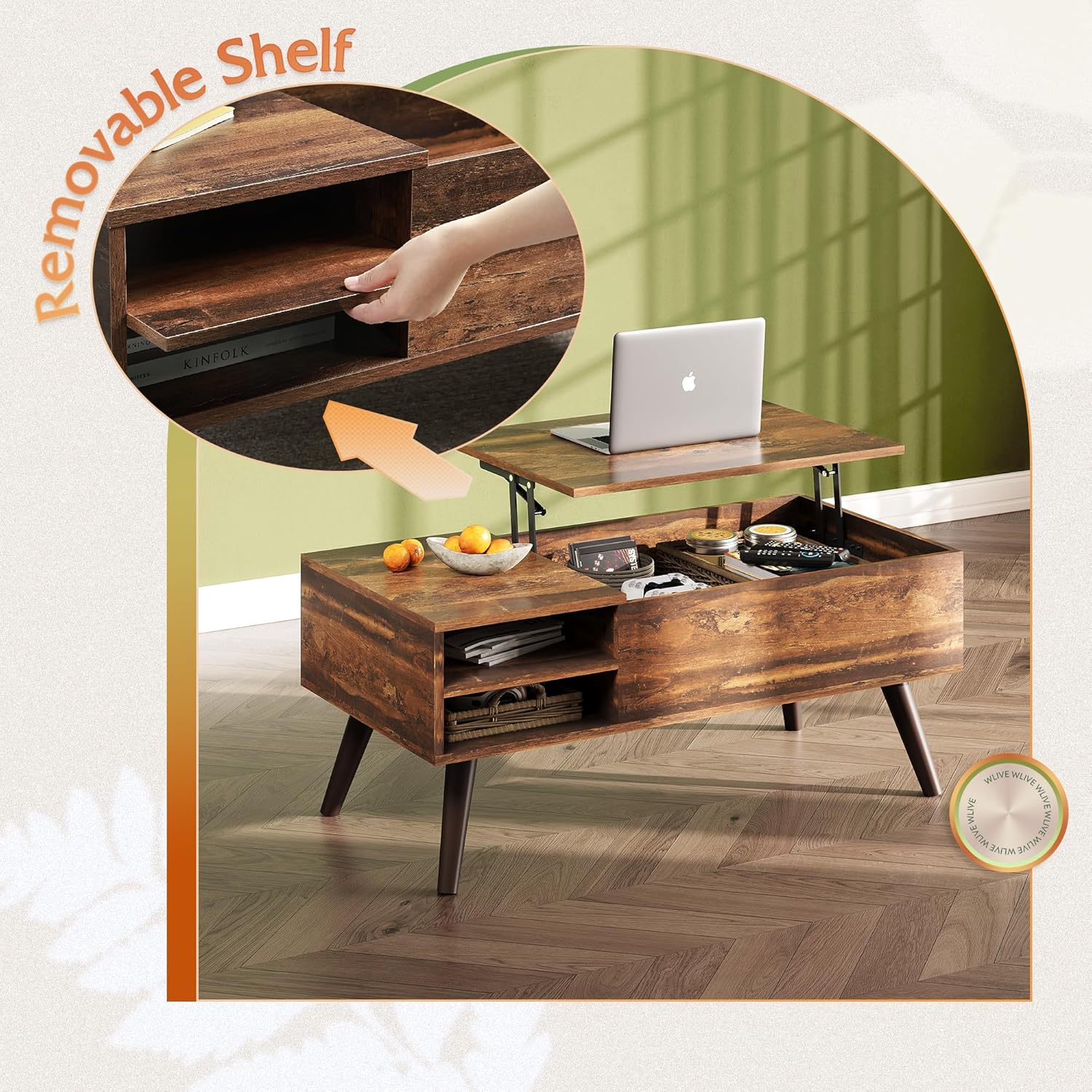 WLIVE Wood Lift Top Coffee Table with Hidden Compartment and Adjustable Storage Shelf, Lift Tabletop Dining Table for Home Living Room, Office, Rustic Oak - Grand Goldman