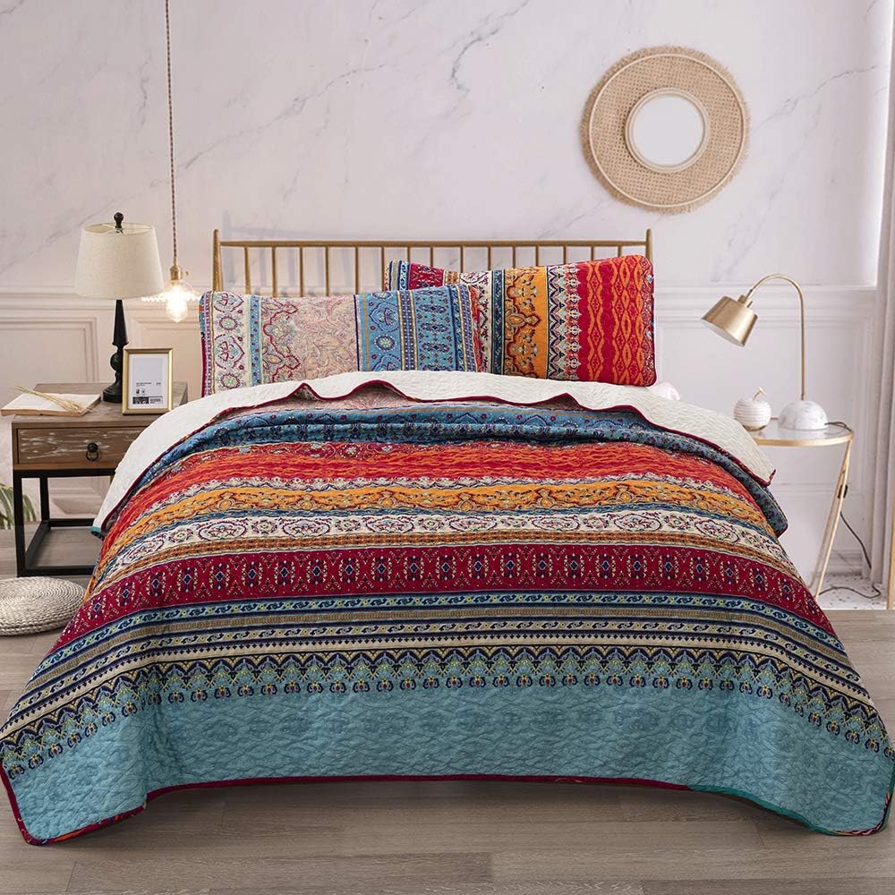 WONGS BEDDING Bohemian Quilt Set King Size, Boho Striped Printed Bedding Bedspread Coverlet Set for Summer, Lightweight Microfiber Quilts with 2 Pillowcases 104"x90" (3 Pieces, Colorful) - Grand Goldman