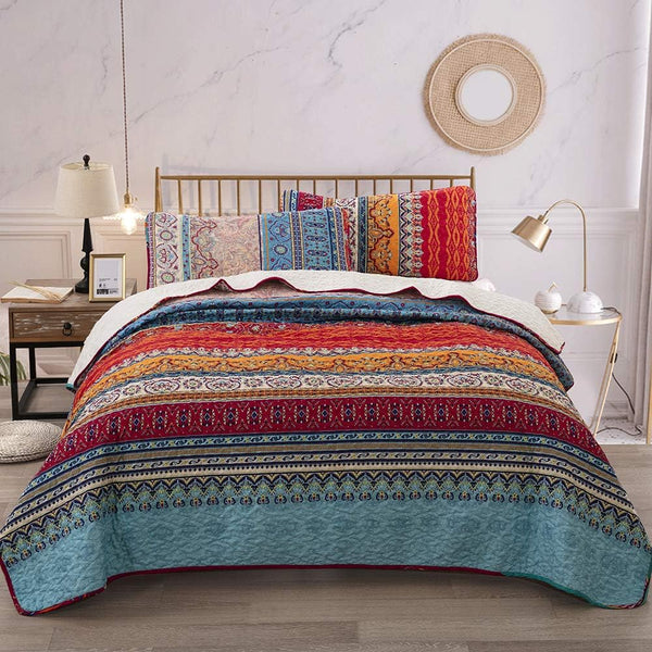 WONGS BEDDING Bohemian Quilt Set King Size, Boho Striped Printed Bedding Bedspread Coverlet Set for Summer, Lightweight Microfiber Quilts with 2 Pillowcases 104"x90" (3 Pieces, Colorful) - Grand Goldman