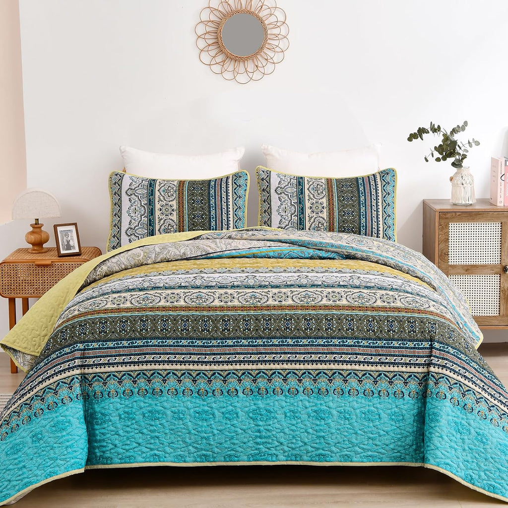WONGS BEDDING Bohemian Quilt Set King Size, Boho Striped Printed Bedding Bedspread Coverlet Set for Summer, Lightweight Microfiber Quilts with 2 Pillowcases 104"x90" (3 Pieces, Colorful) - Grand Goldman