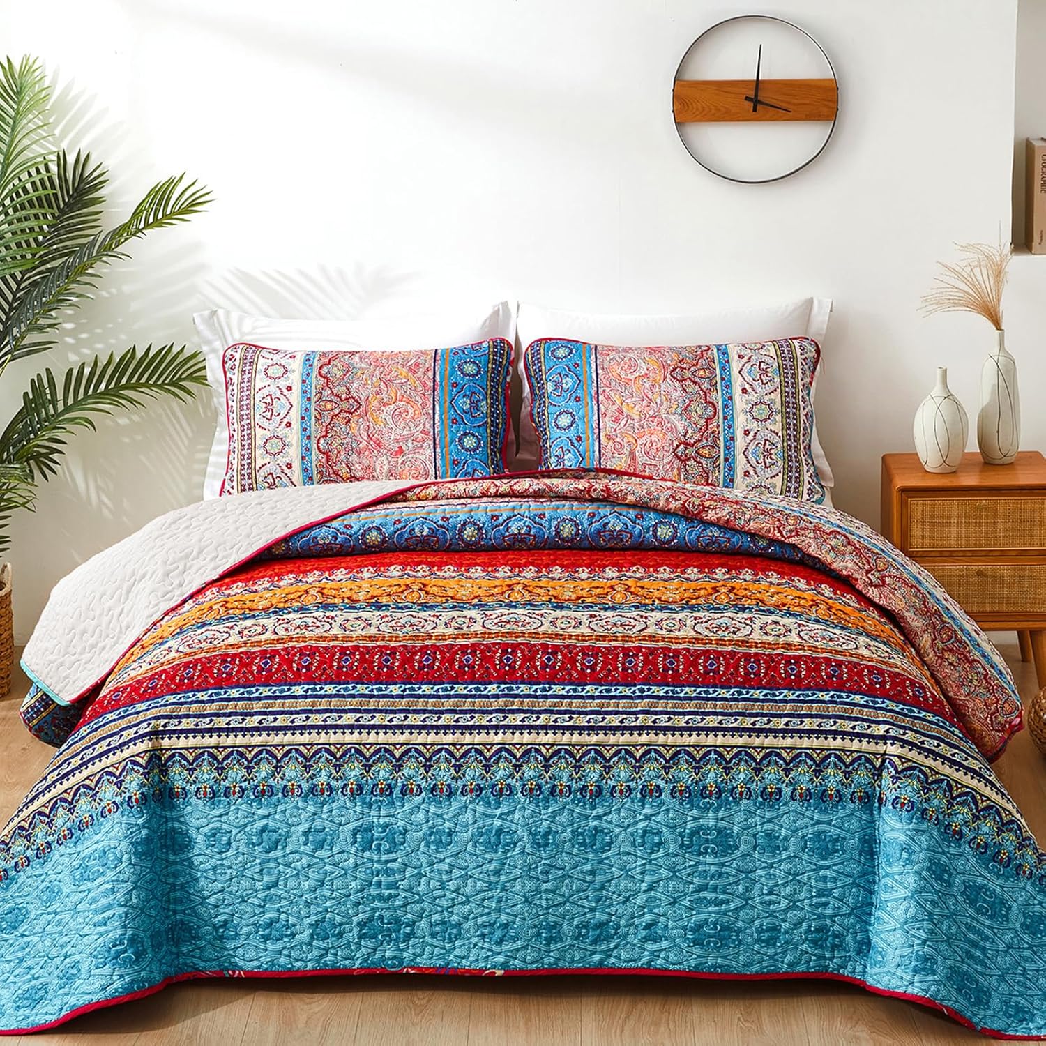 WONGS BEDDING Bohemian Quilt Set King Size, Boho Striped Printed Bedding Bedspread Coverlet Set for Summer, Lightweight Microfiber Quilts with 2 Pillowcases 104"x90" (3 Pieces, Colorful) - Grand Goldman