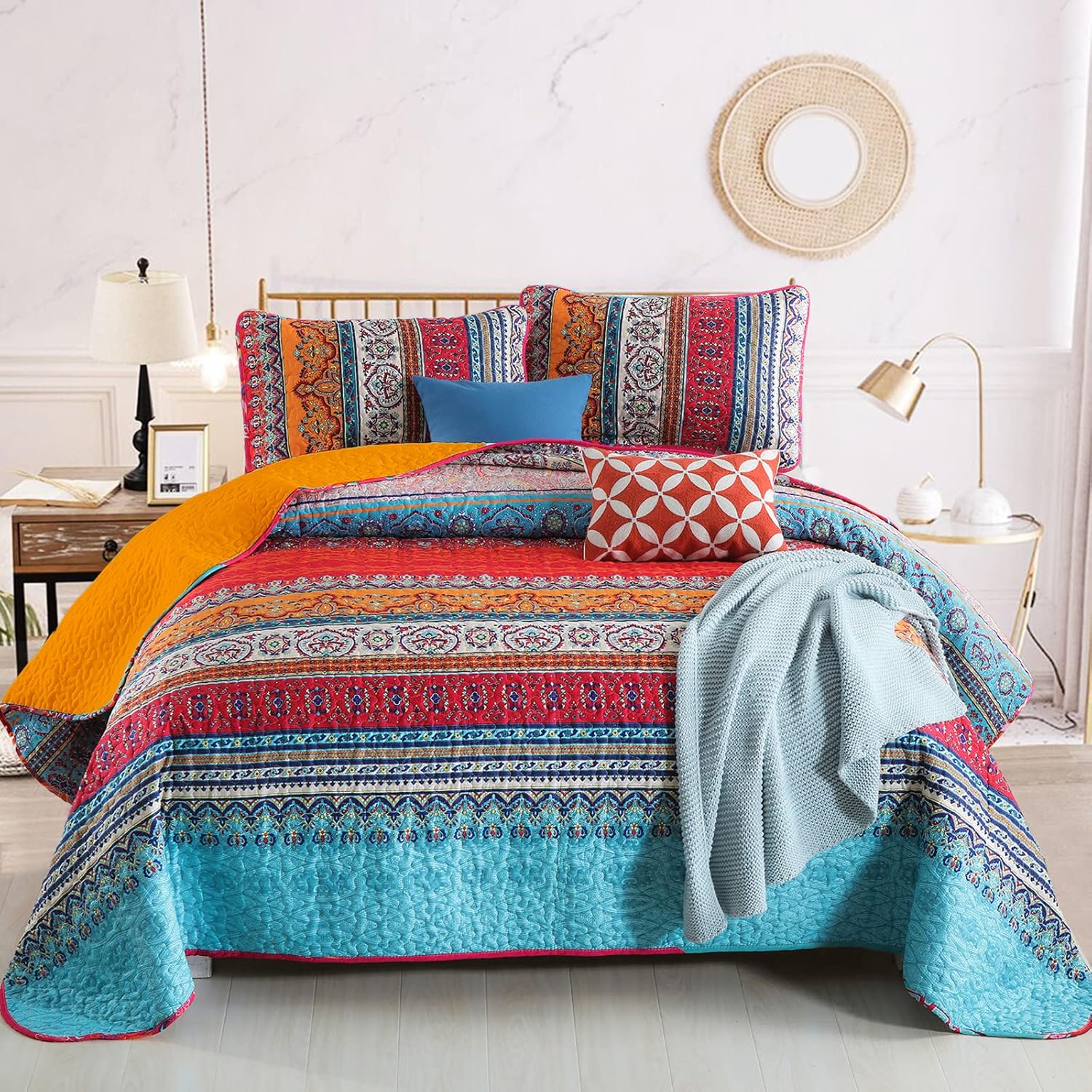 WONGS BEDDING Bohemian Quilt Set King Size, Boho Striped Printed Bedding Bedspread Coverlet Set for Summer, Lightweight Microfiber Quilts with 2 Pillowcases 104"x90" (3 Pieces, Colorful) - Grand Goldman