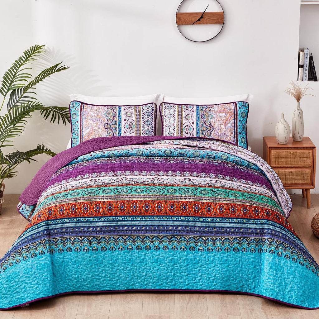 WONGS BEDDING Bohemian Quilt Set King Size, Boho Striped Printed Bedding Bedspread Coverlet Set for Summer, Lightweight Microfiber Quilts with 2 Pillowcases 104"x90" (3 Pieces, Colorful) - Grand Goldman