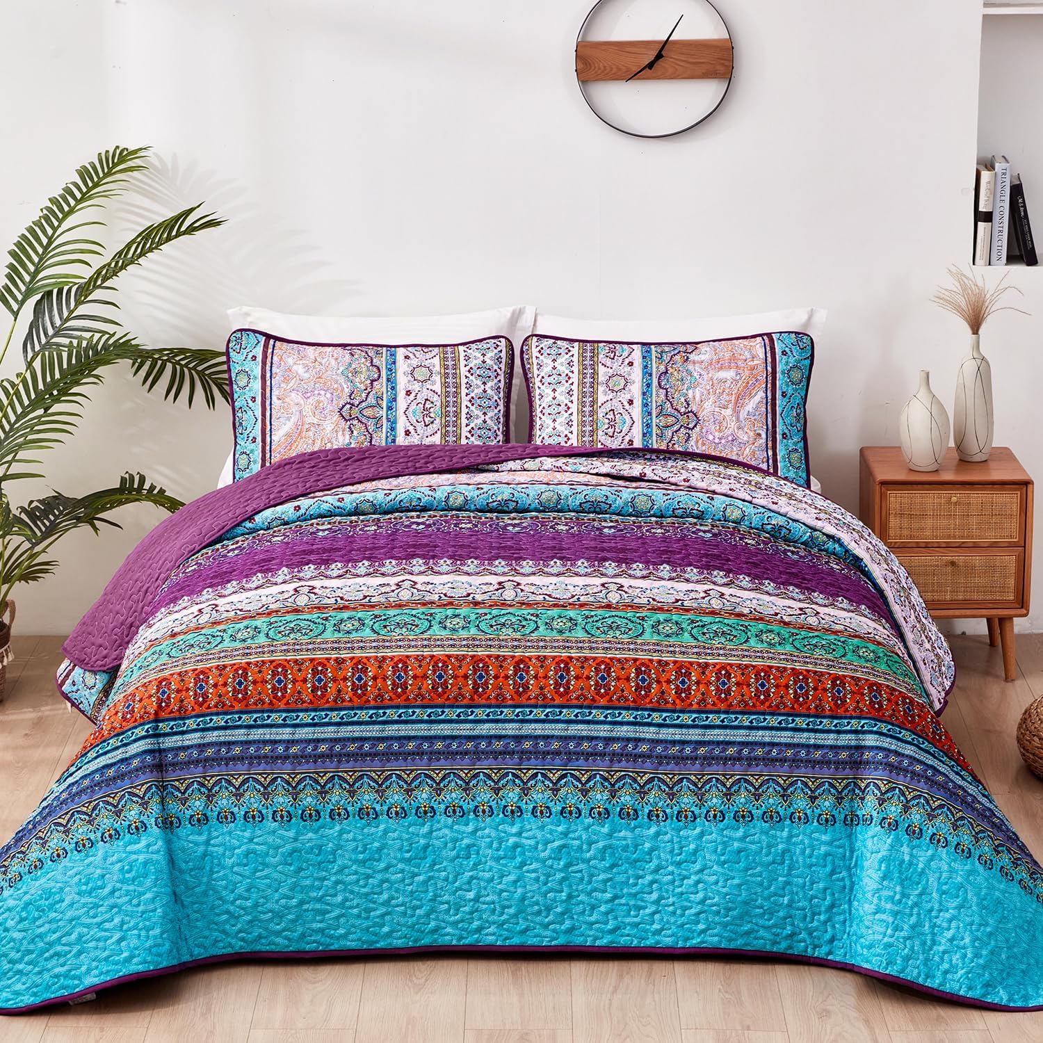 WONGS BEDDING Bohemian Quilt Set King Size, Boho Striped Printed Bedding Bedspread Coverlet Set for Summer, Lightweight Microfiber Quilts with 2 Pillowcases 104"x90" (3 Pieces, Colorful) - Grand Goldman