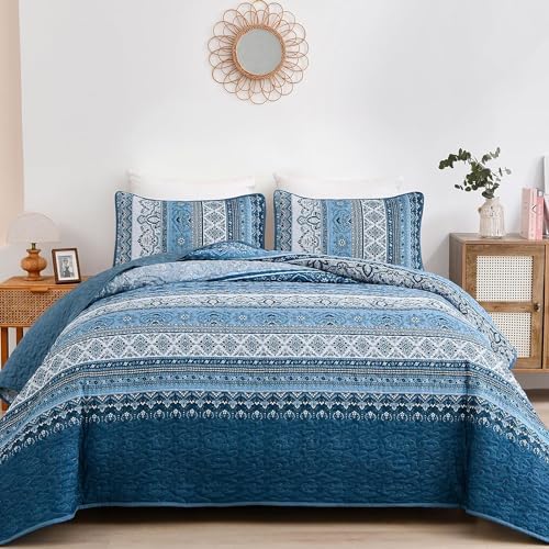 WONGS BEDDING Bohemian Quilt Set King Size, Boho Striped Printed Bedding Bedspread Coverlet Set for Summer, Lightweight Microfiber Quilts with 2 Pillowcases 104"x90" (3 Pieces, Colorful) - Grand Goldman