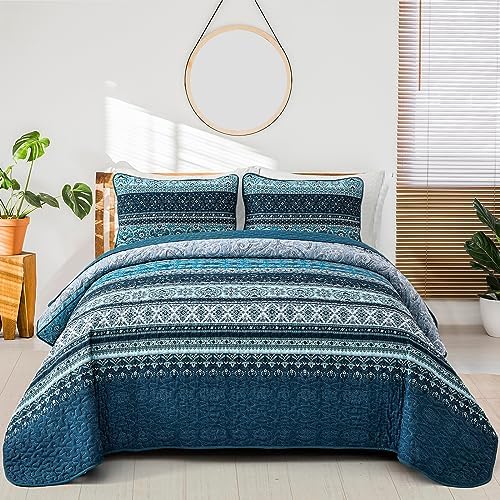 WONGS BEDDING Boho Queen Quilt Set, Blue Purple Bohemian Queen Quilt Bedding Set, Lightweight Microfiber Bed Decor Bedspread for All Season 96"x90"(3 Pieces) - Grand Goldman