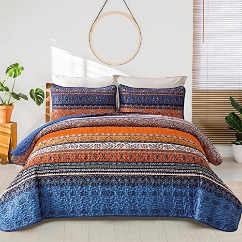 WONGS BEDDING Boho Queen Quilt Set, Blue Purple Bohemian Queen Quilt Bedding Set, Lightweight Microfiber Bed Decor Bedspread for All Season 96"x90"(3 Pieces) - Grand Goldman