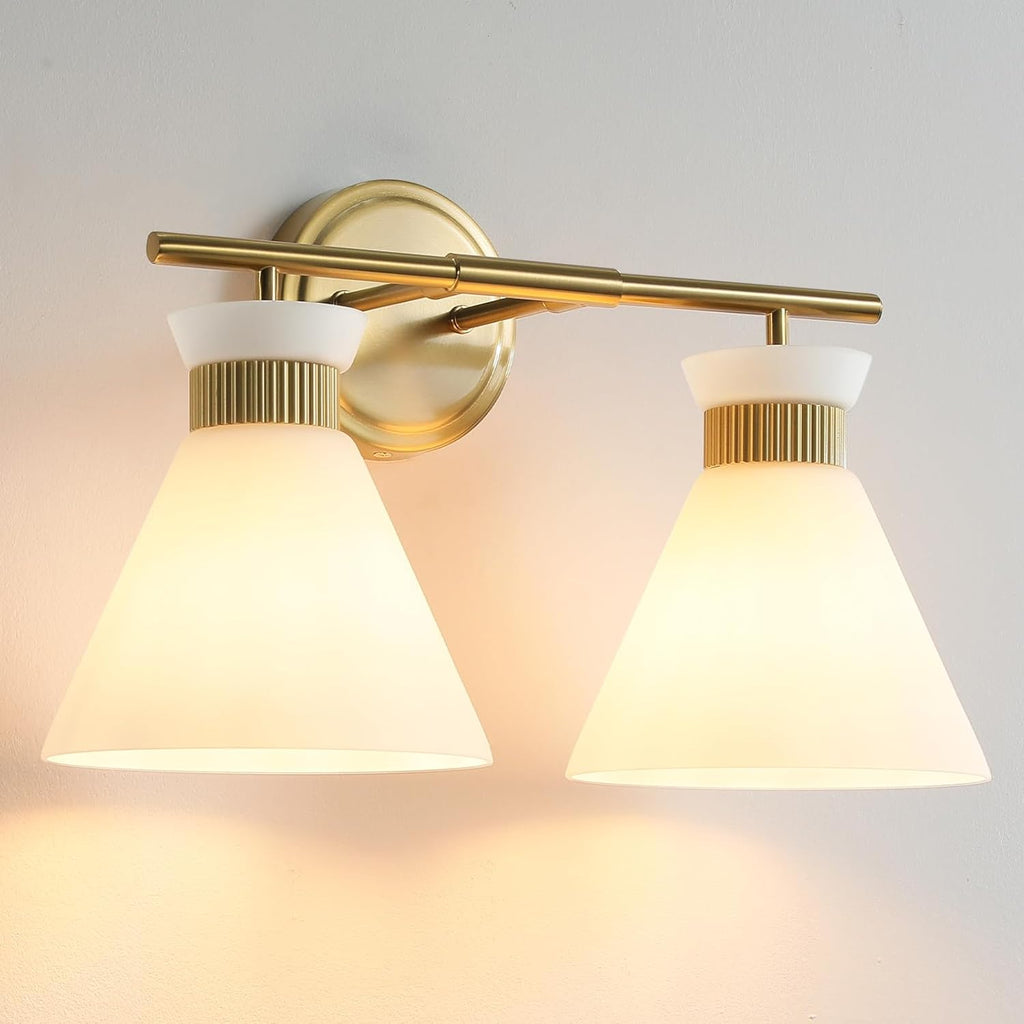 WOSHITU Bathroom Vanity Light Fixtures: 3-Lights Mid Century Modern Vanity Lights for Bathroom Over Mirror, Brushed Gold Wall Sconce Lighting with Frosted Milky Glass Shade for Bath Living Room - Grand Goldman