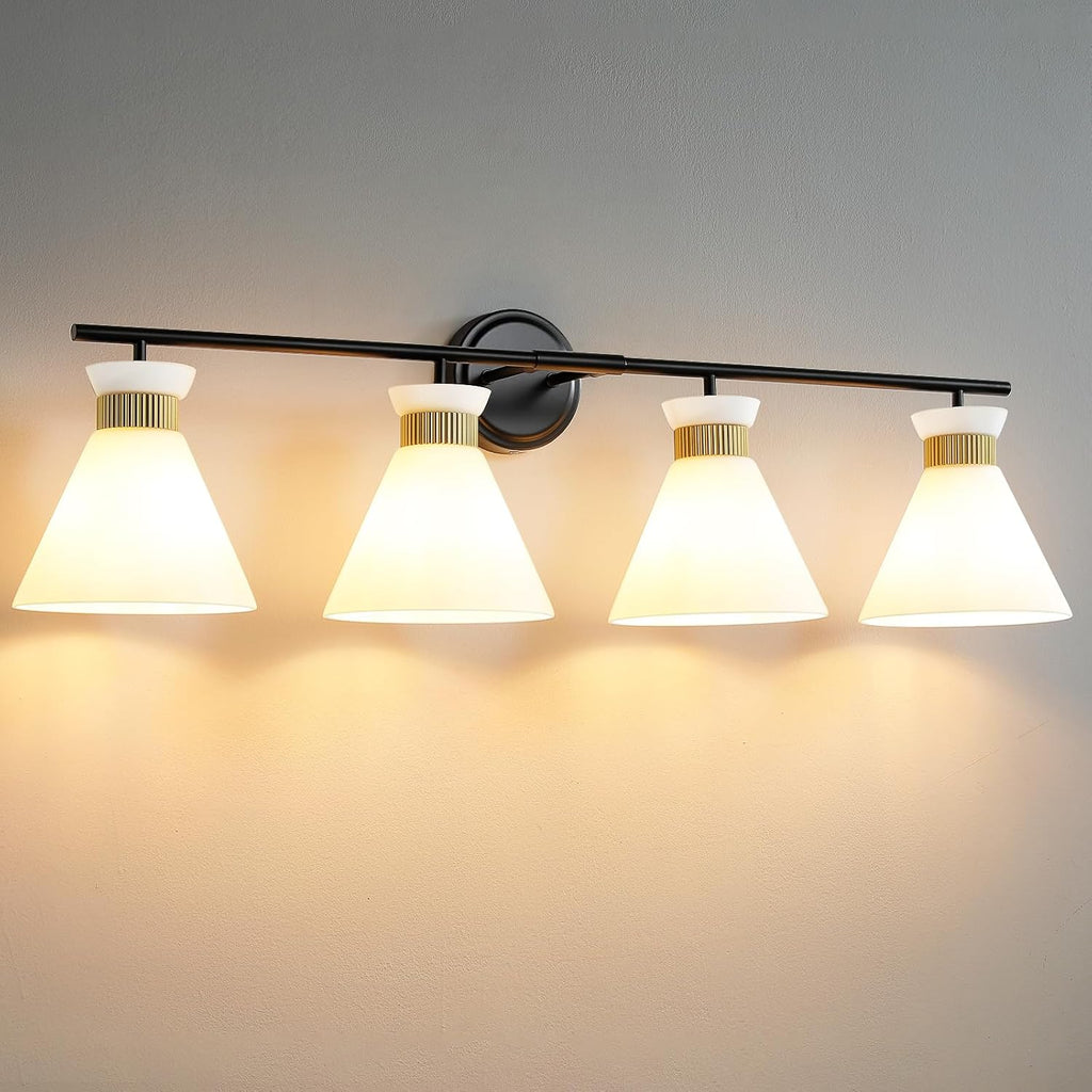 WOSHITU Bathroom Vanity Light Fixtures: 3-Lights Mid Century Modern Vanity Lights for Bathroom Over Mirror, Brushed Gold Wall Sconce Lighting with Frosted Milky Glass Shade for Bath Living Room - Grand Goldman