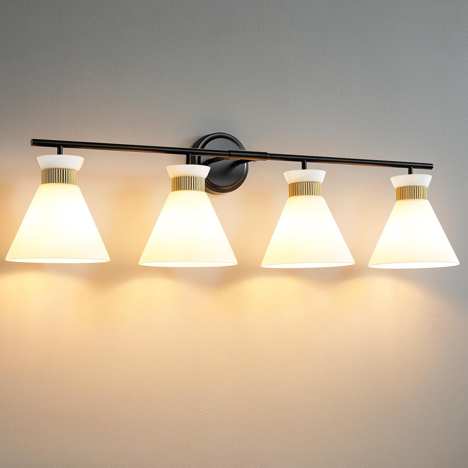 WOSHITU Bathroom Vanity Light Fixtures: 3-Lights Mid Century Modern Vanity Lights for Bathroom Over Mirror, Brushed Gold Wall Sconce Lighting with Frosted Milky Glass Shade for Bath Living Room - Grand Goldman