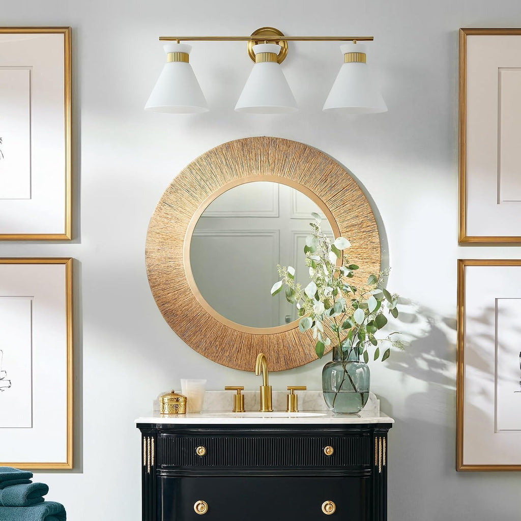 WOSHITU Bathroom Vanity Light Fixtures: 3-Lights Mid Century Modern Vanity Lights for Bathroom Over Mirror, Brushed Gold Wall Sconce Lighting with Frosted Milky Glass Shade for Bath Living Room - Grand Goldman