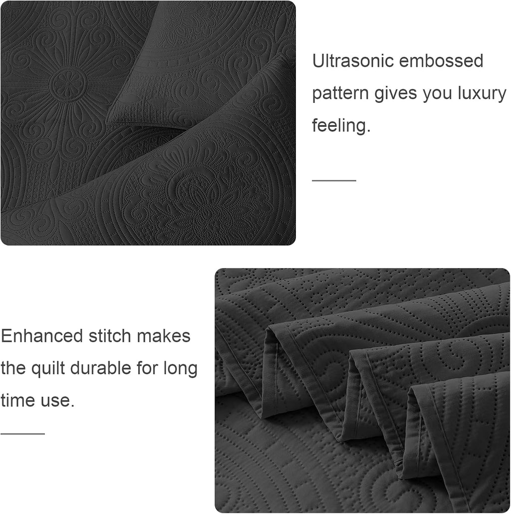 WURUIBO Black Full/Queen Quilt Bedding Set, 3 Pieces Lightweight Bedspreads with Pillow Shams, Microfiber Modern Thin Coverlet, Summer Quilted Comforter for All Season (1 Quilt, 2 Shams) - Grand Goldman