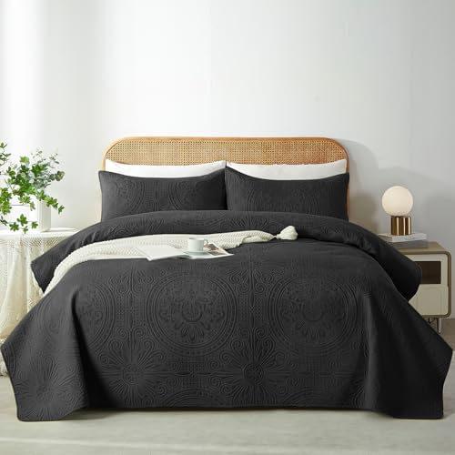 WURUIBO Black Full/Queen Quilt Bedding Set, 3 Pieces Lightweight Bedspreads with Pillow Shams, Microfiber Modern Thin Coverlet, Summer Quilted Comforter for All Season (1 Quilt, 2 Shams) - Grand Goldman