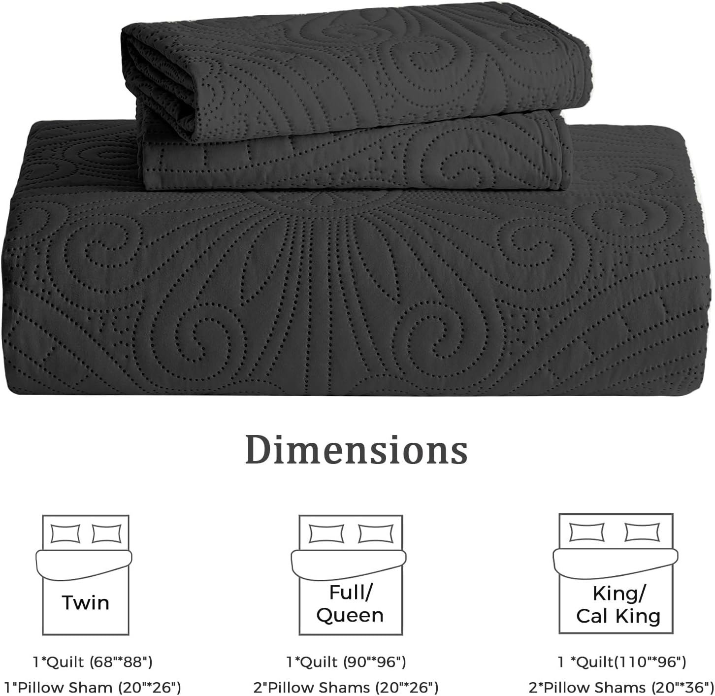 WURUIBO Black Full/Queen Quilt Bedding Set, 3 Pieces Lightweight Bedspreads with Pillow Shams, Microfiber Modern Thin Coverlet, Summer Quilted Comforter for All Season (1 Quilt, 2 Shams) - Grand Goldman