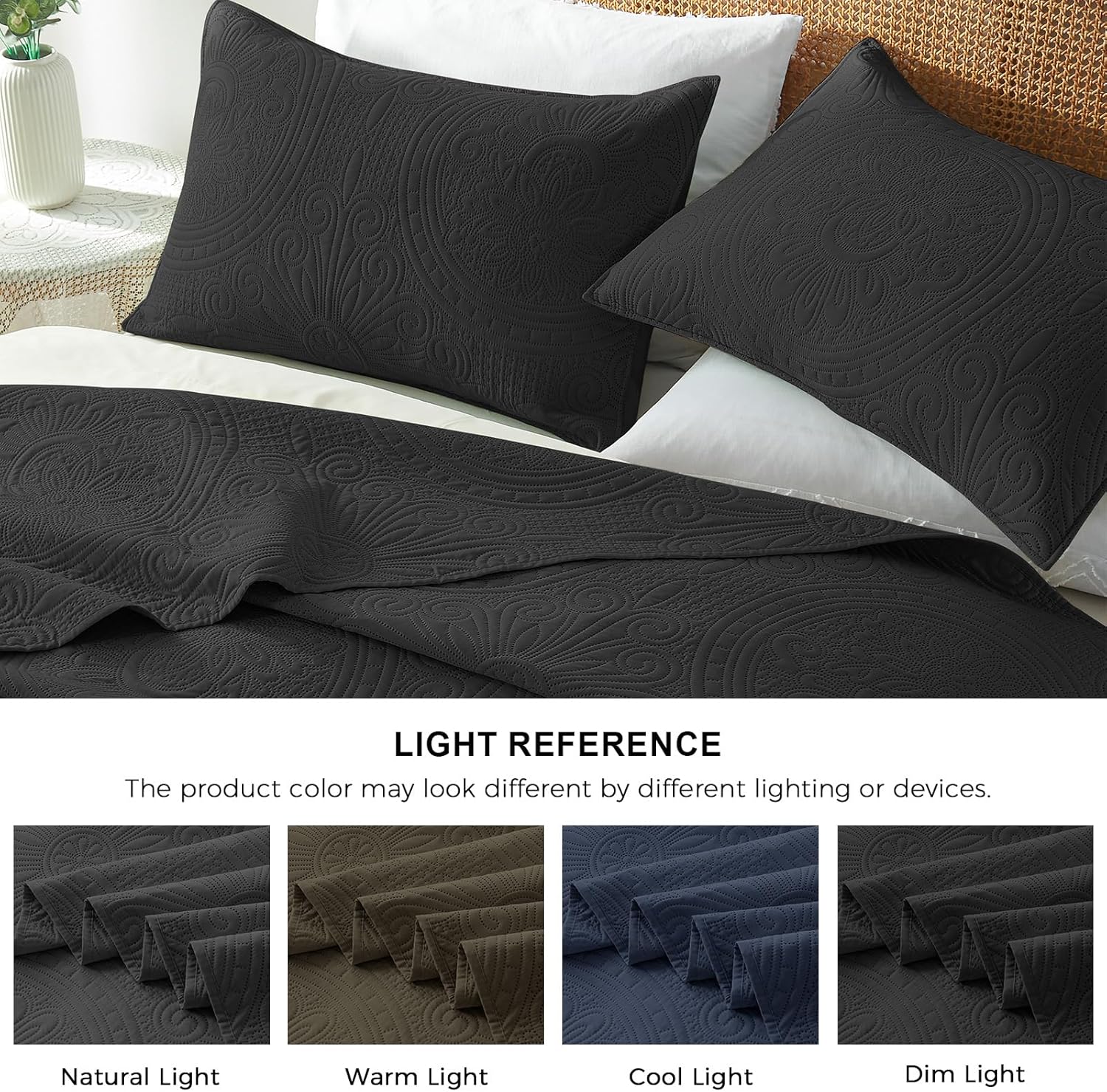 WURUIBO Black Full/Queen Quilt Bedding Set, 3 Pieces Lightweight Bedspreads with Pillow Shams, Microfiber Modern Thin Coverlet, Summer Quilted Comforter for All Season (1 Quilt, 2 Shams) - Grand Goldman