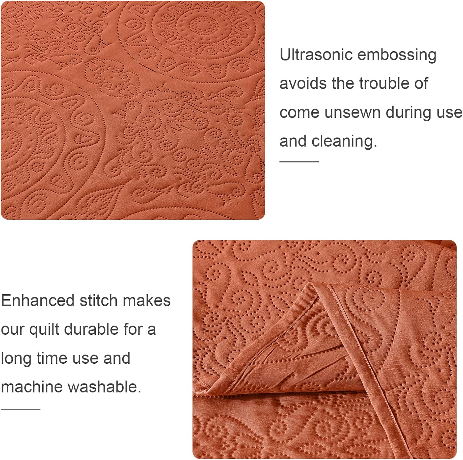 WURUIBO Brunt Orange Quilt Set Full/Queen Size, Embossing Microfiber Bedspreads with Pillow Sham, Ligthweight Breathable Thin Coverlet, Reversible Bedding Set for All Season (1 Quilt, 2 Shams) - Grand Goldman