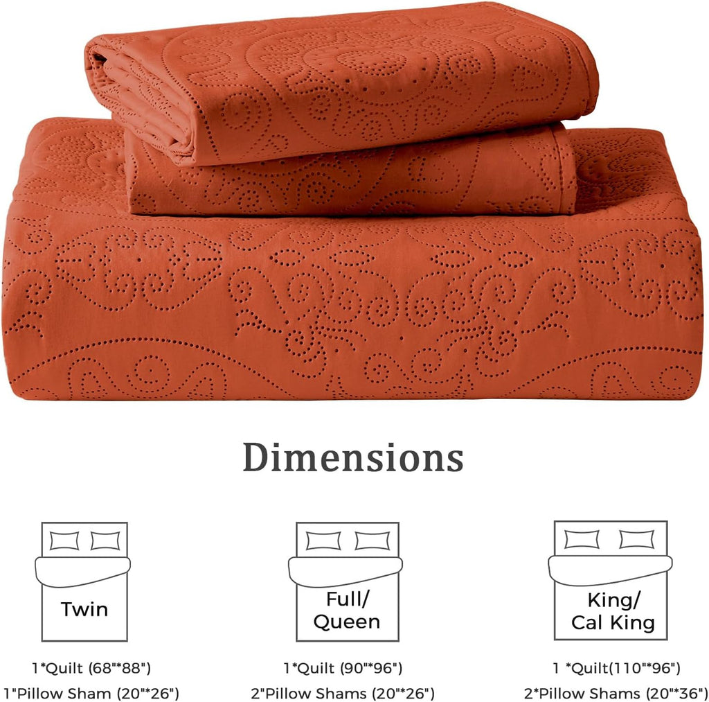 WURUIBO Brunt Orange Quilt Set Full/Queen Size, Embossing Microfiber Bedspreads with Pillow Sham, Ligthweight Breathable Thin Coverlet, Reversible Bedding Set for All Season (1 Quilt, 2 Shams) - Grand Goldman