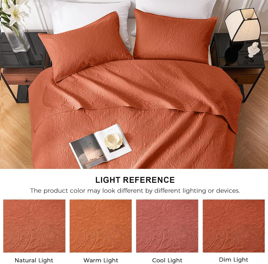 WURUIBO Brunt Orange Quilt Set Full/Queen Size, Embossing Microfiber Bedspreads with Pillow Sham, Ligthweight Breathable Thin Coverlet, Reversible Bedding Set for All Season (1 Quilt, 2 Shams) - Grand Goldman