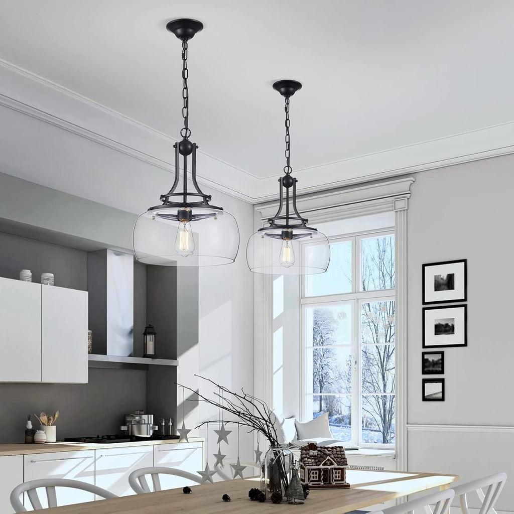 WUZUPS Chandelier Rustic Farmhouse Industrial Round Ceiling Pendant LED Light Fixture with Clear Glass Shades for Dining Room Kitchen Island Foyer Entryway, H 17" x W 13.4", E26 Base, Black - Grand Goldman