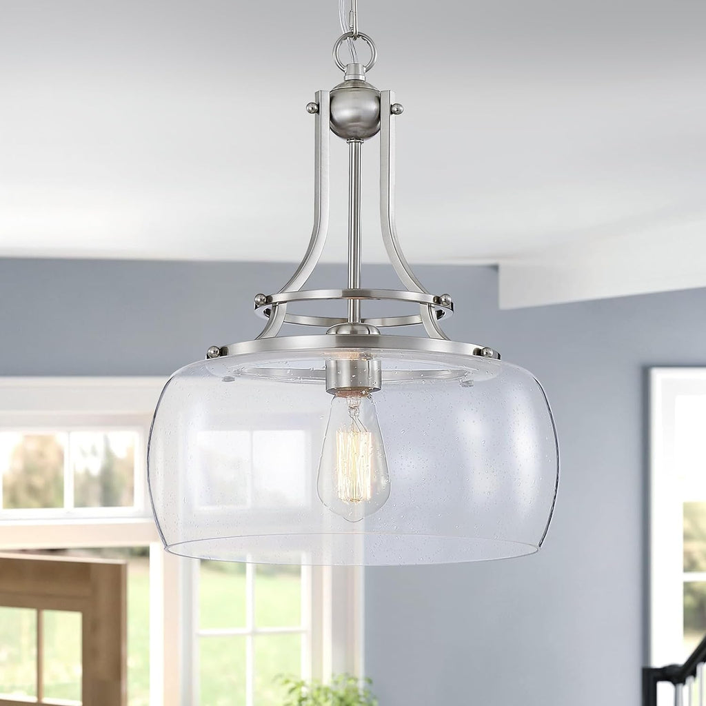 WUZUPS Chandelier Rustic Farmhouse Industrial Round Ceiling Pendant LED Light Fixture with Clear Glass Shades for Dining Room Kitchen Island Foyer Entryway, H 17" x W 13.4", E26 Base, Black - Grand Goldman