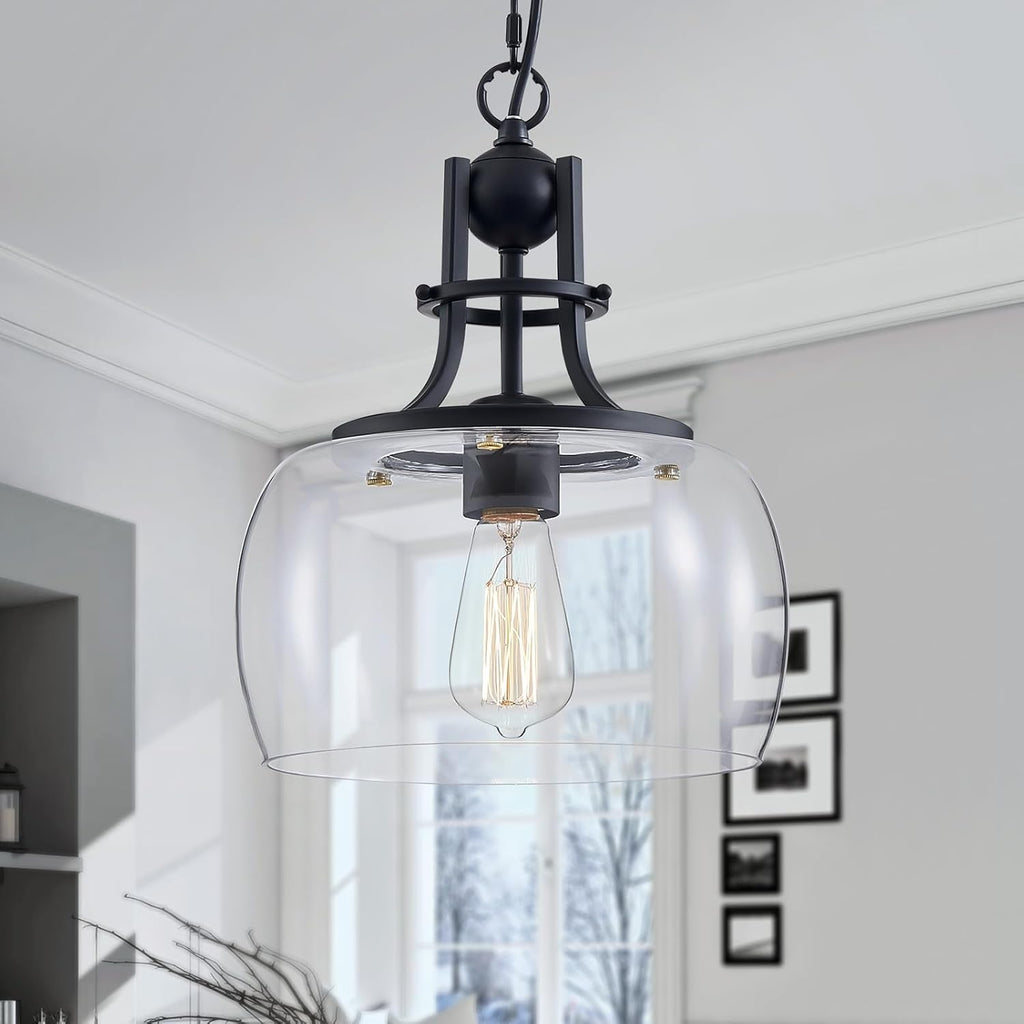 WUZUPS Chandelier Rustic Farmhouse Industrial Round Ceiling Pendant LED Light Fixture with Clear Glass Shades for Dining Room Kitchen Island Foyer Entryway, H 17" x W 13.4", E26 Base, Black - Grand Goldman