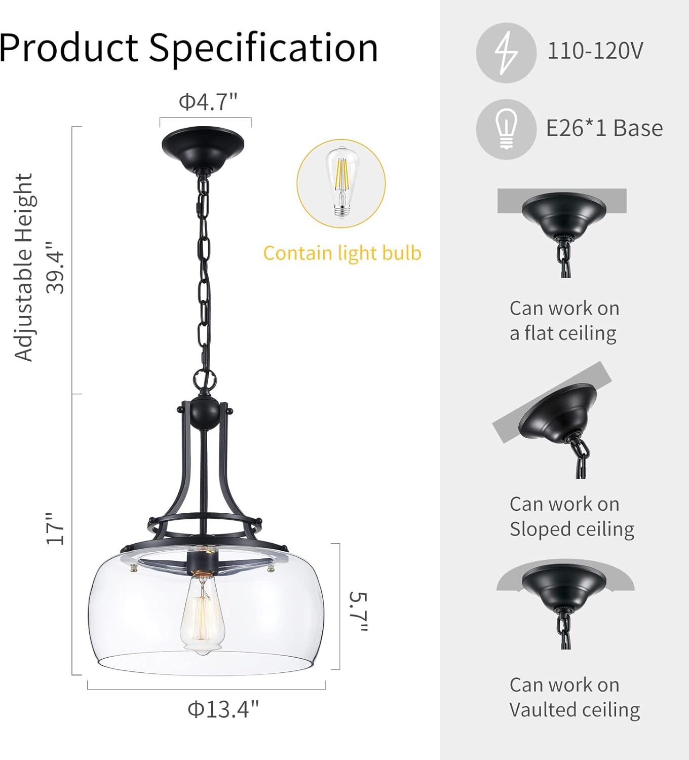 WUZUPS Chandelier Rustic Farmhouse Industrial Round Ceiling Pendant LED Light Fixture with Clear Glass Shades for Dining Room Kitchen Island Foyer Entryway, H 17" x W 13.4", E26 Base, Black - Grand Goldman