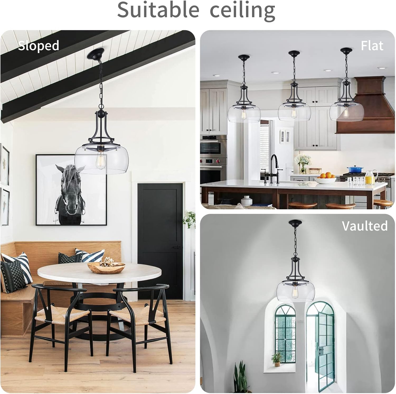 WUZUPS Chandelier Rustic Farmhouse Industrial Round Ceiling Pendant LED Light Fixture with Clear Glass Shades for Dining Room Kitchen Island Foyer Entryway, H 17" x W 13.4", E26 Base, Black - Grand Goldman