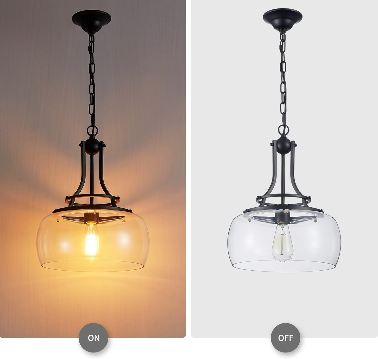 WUZUPS Chandelier Rustic Farmhouse Industrial Round Ceiling Pendant LED Light Fixture with Clear Glass Shades for Dining Room Kitchen Island Foyer Entryway, H 17" x W 13.4", E26 Base, Black - Grand Goldman