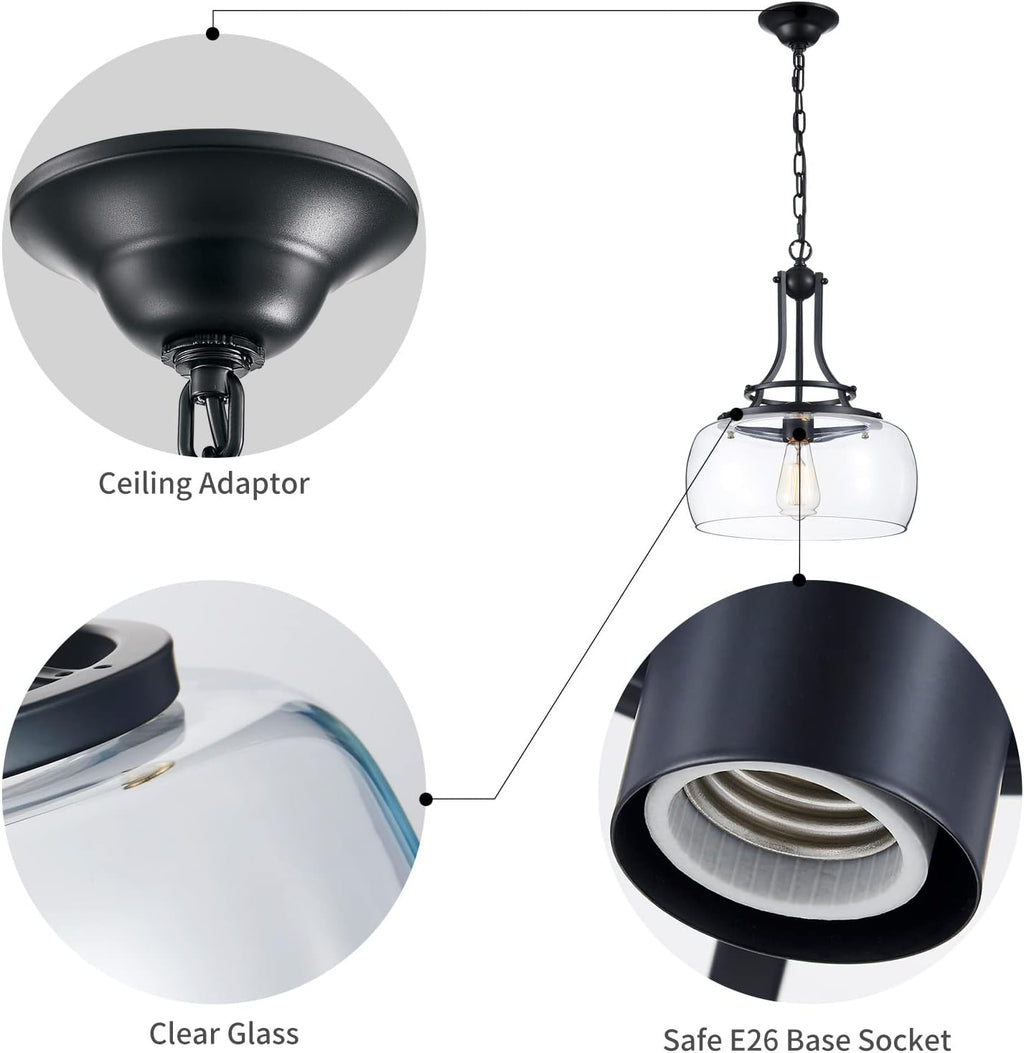 WUZUPS Chandelier Rustic Farmhouse Industrial Round Ceiling Pendant LED Light Fixture with Clear Glass Shades for Dining Room Kitchen Island Foyer Entryway, H 17" x W 13.4", E26 Base, Black - Grand Goldman