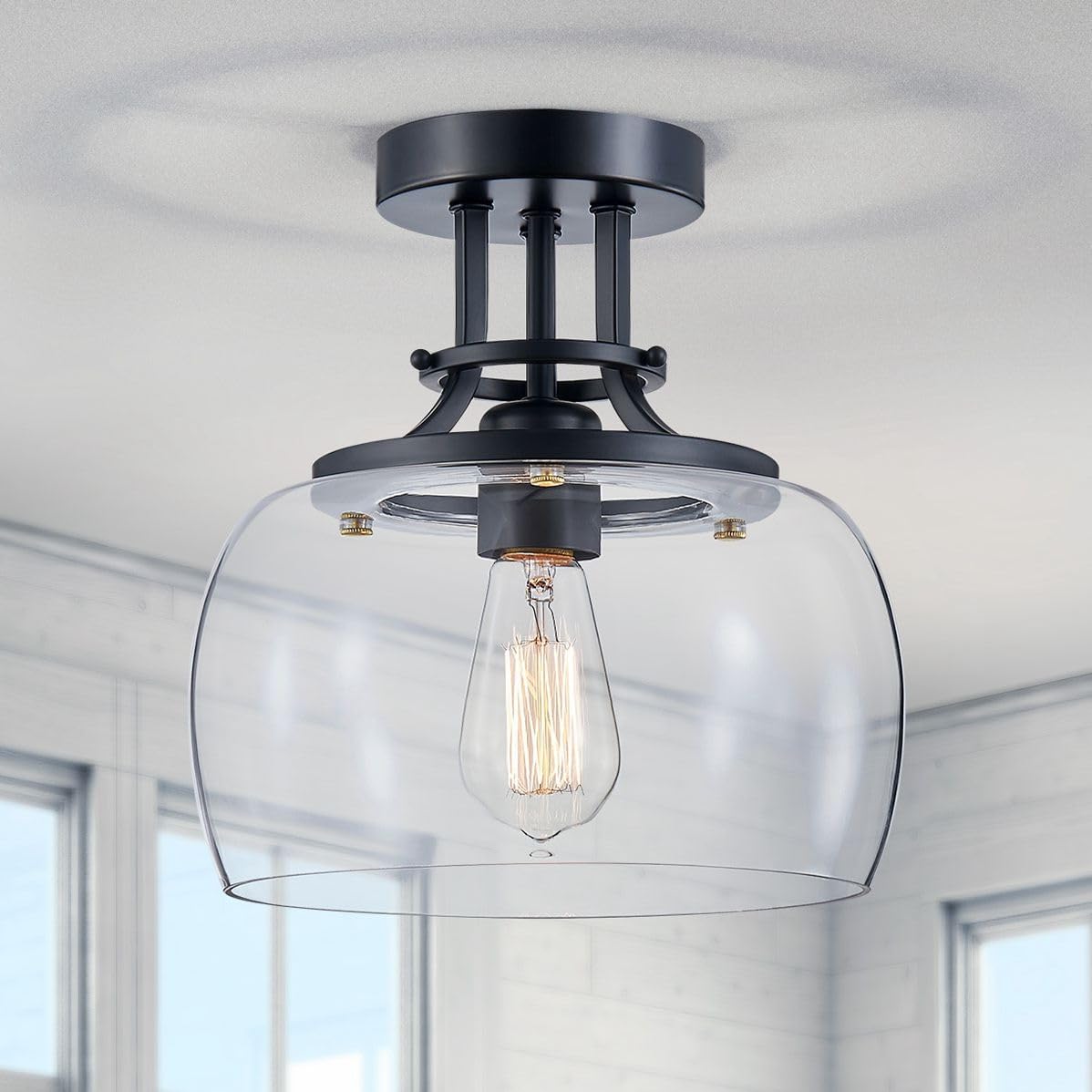 WUZUPS Chandelier Rustic Farmhouse Industrial Round Ceiling Pendant LED Light Fixture with Clear Glass Shades for Dining Room Kitchen Island Foyer Entryway, H 17" x W 13.4", E26 Base, Black - Grand Goldman