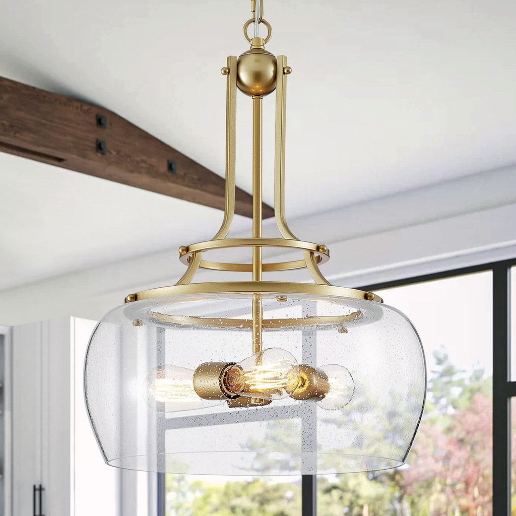 WUZUPS Chandelier Rustic Farmhouse Industrial Round Ceiling Pendant LED Light Fixture with Clear Glass Shades for Dining Room Kitchen Island Foyer Entryway, H 17" x W 13.4", E26 Base, Black - Grand Goldman