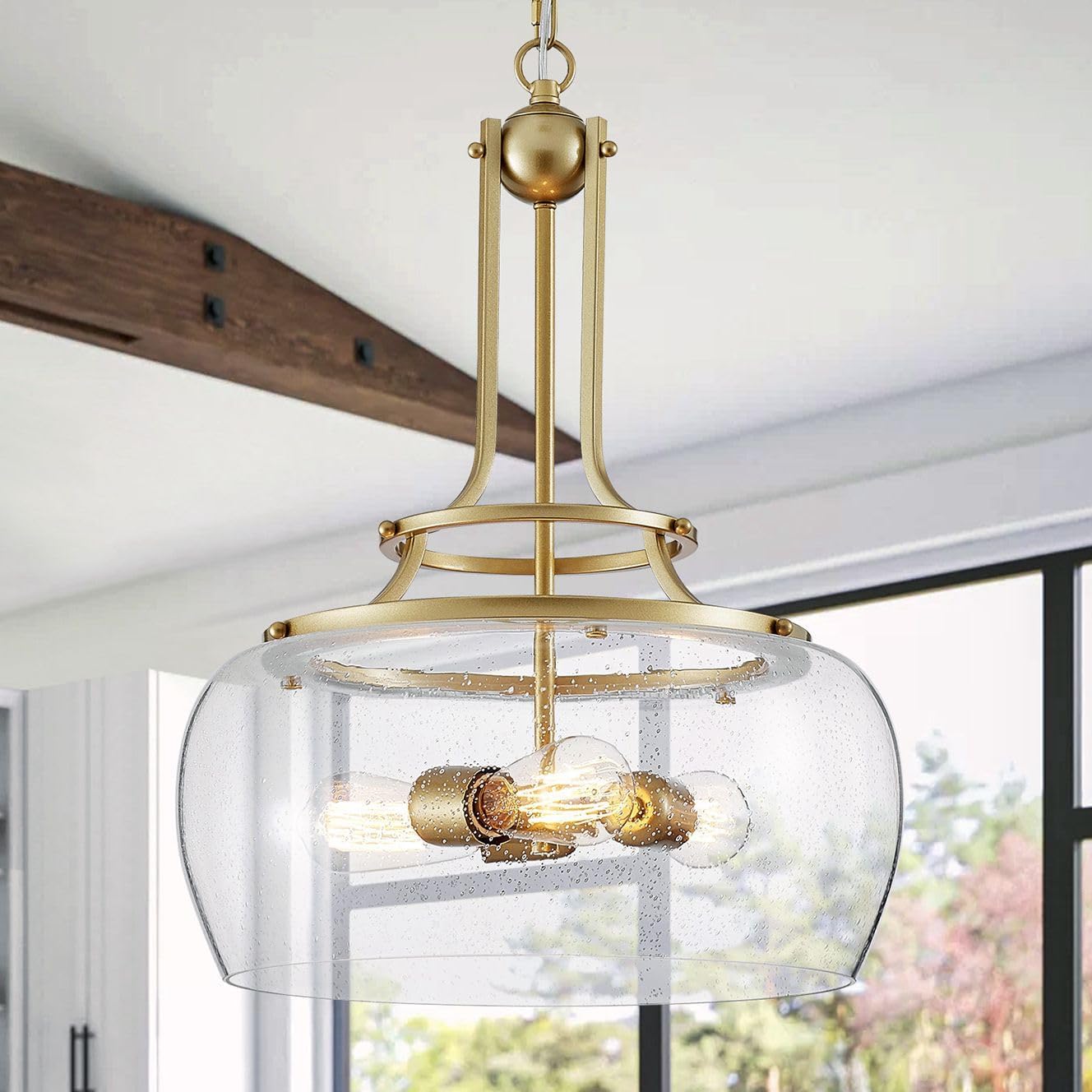 WUZUPS Chandelier Rustic Farmhouse Industrial Round Ceiling Pendant LED Light Fixture with Clear Glass Shades for Dining Room Kitchen Island Foyer Entryway, H 17" x W 13.4", E26 Base, Black - Grand Goldman