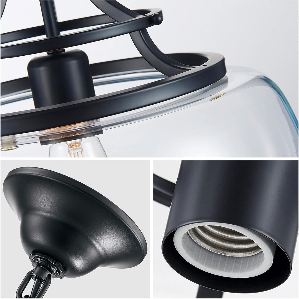 WUZUPS Chandelier Rustic Farmhouse Industrial Round Ceiling Pendant LED Light Fixture with Clear Glass Shades for Dining Room Kitchen Island Foyer Entryway, H 17" x W 13.4", E26 Base, Black - Grand Goldman