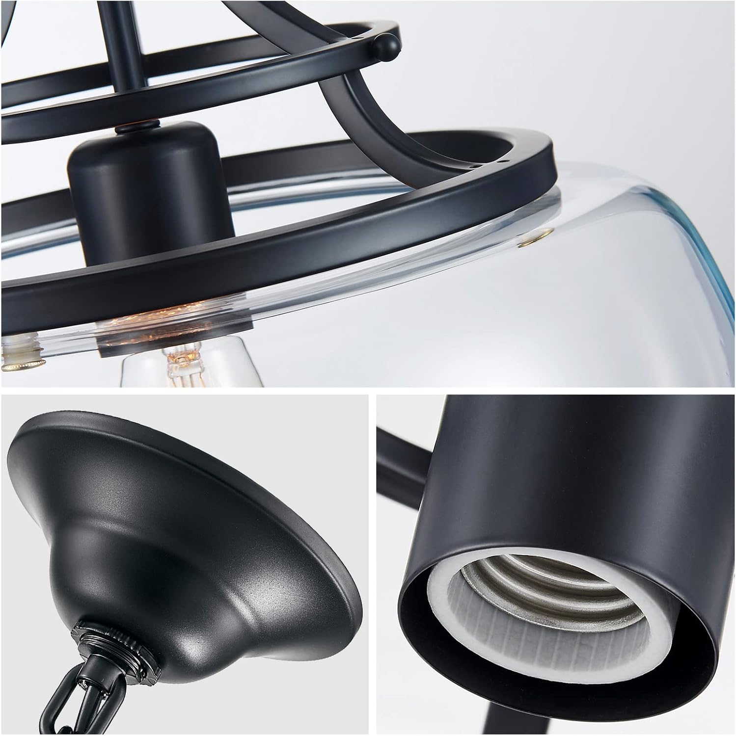 WUZUPS Chandelier Rustic Farmhouse Industrial Round Ceiling Pendant LED Light Fixture with Clear Glass Shades for Dining Room Kitchen Island Foyer Entryway, H 17" x W 13.4", E26 Base, Black - Grand Goldman