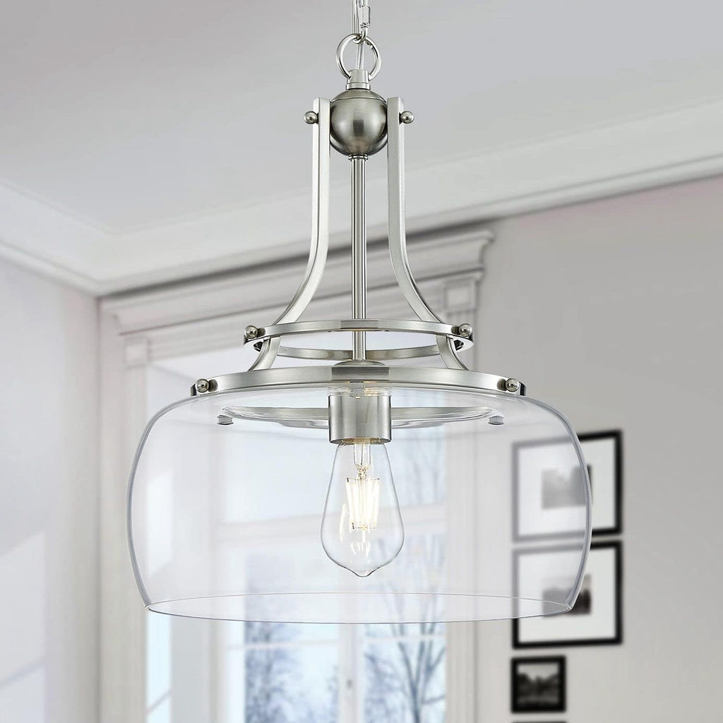 WUZUPS Chandelier Rustic Farmhouse Industrial Round Ceiling Pendant LED Light Fixture with Clear Glass Shades for Dining Room Kitchen Island Foyer Entryway, H 17" x W 13.4", E26 Base, Black - Grand Goldman