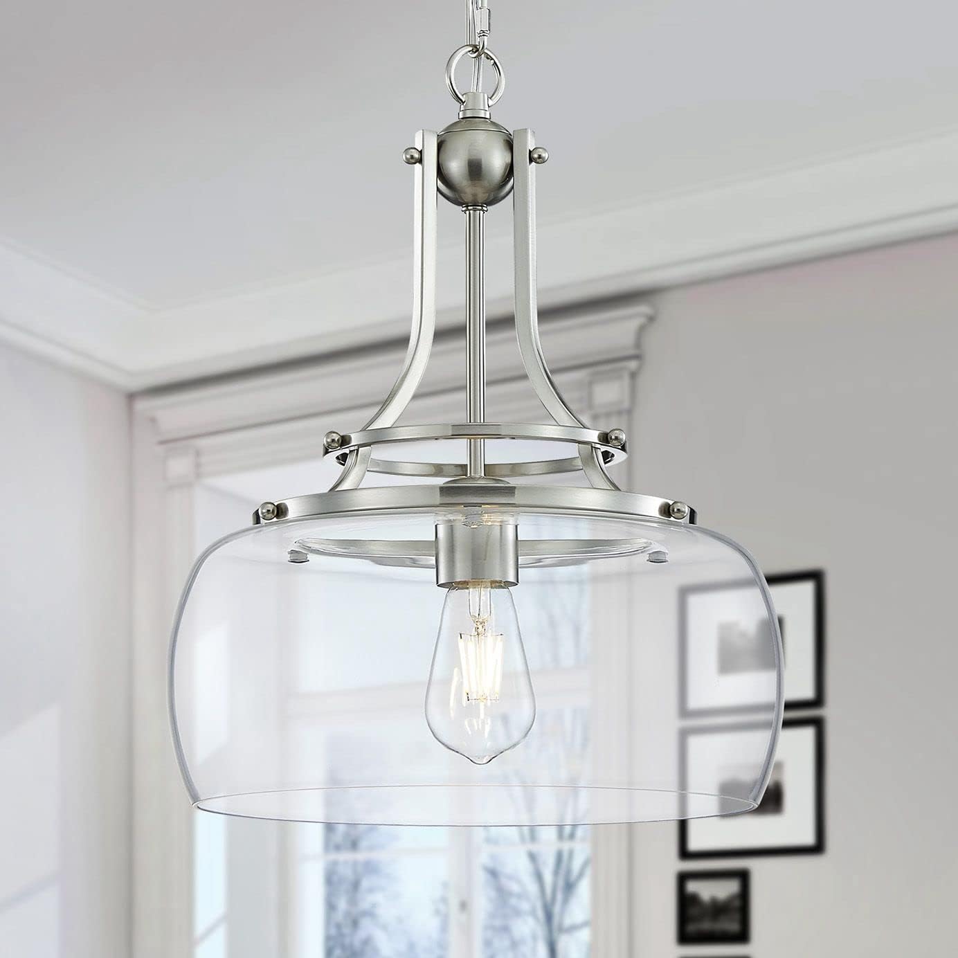 WUZUPS Chandelier Rustic Farmhouse Industrial Round Ceiling Pendant LED Light Fixture with Clear Glass Shades for Dining Room Kitchen Island Foyer Entryway, H 17" x W 13.4", E26 Base, Black - Grand Goldman