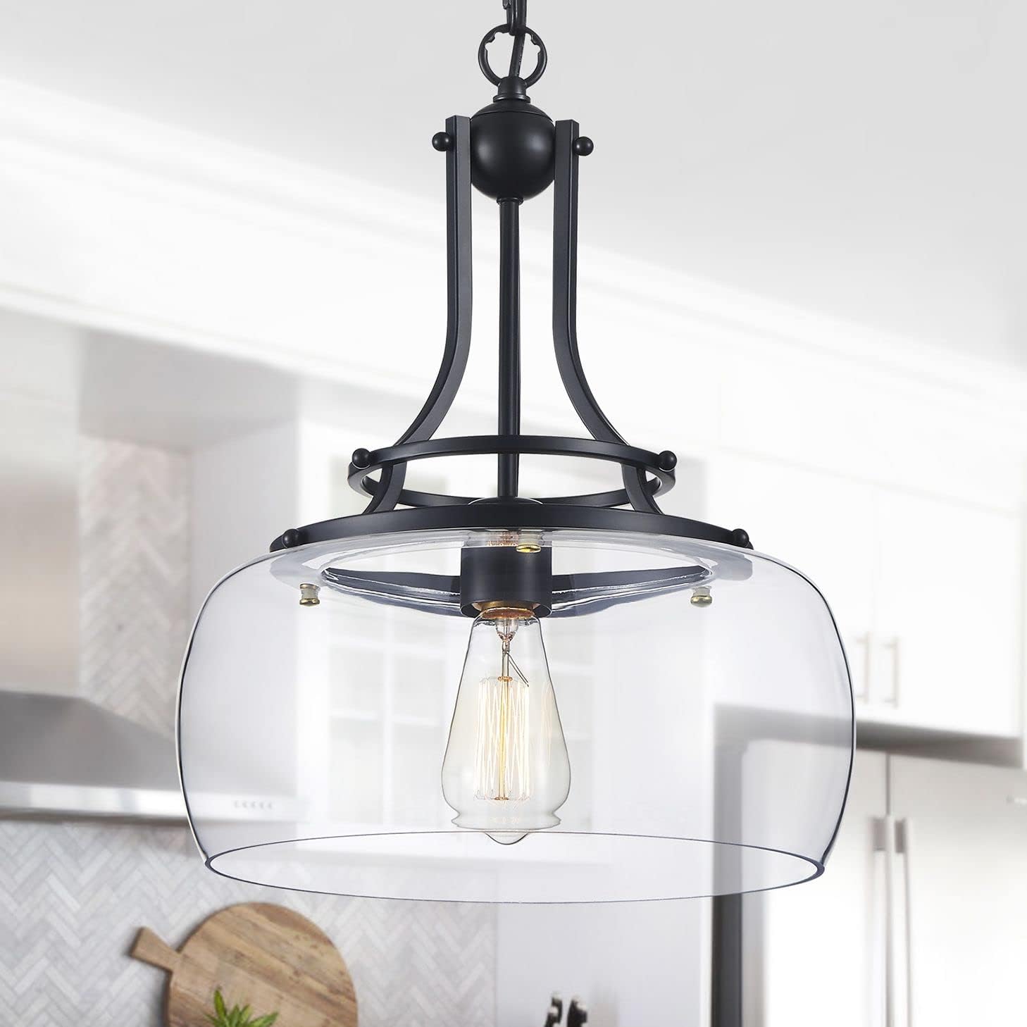 WUZUPS Chandelier Rustic Farmhouse Industrial Round Ceiling Pendant LED Light Fixture with Clear Glass Shades for Dining Room Kitchen Island Foyer Entryway, H 17" x W 13.4", E26 Base, Black - Grand Goldman