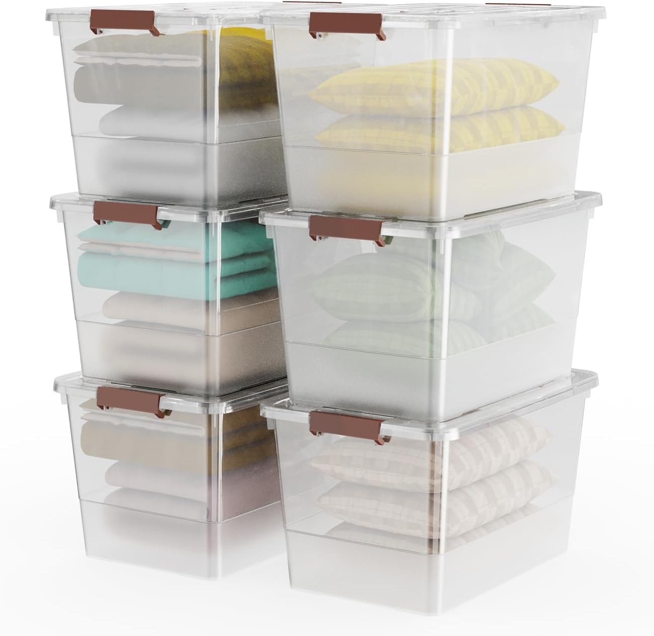 WYT 6-Pack Clear 7 Quart Storage Latch Box/Bins, Plastic Stackable Latching Box with Brown Handle and Lid, Multi-Purpose, 7 Litre - Grand Goldman