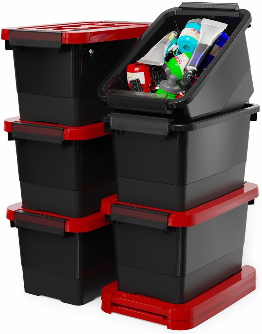 WYT 6-Pack Clear 7 Quart Storage Latch Box/Bins, Plastic Stackable Latching Box with Brown Handle and Lid, Multi-Purpose, 7 Litre - Grand Goldman